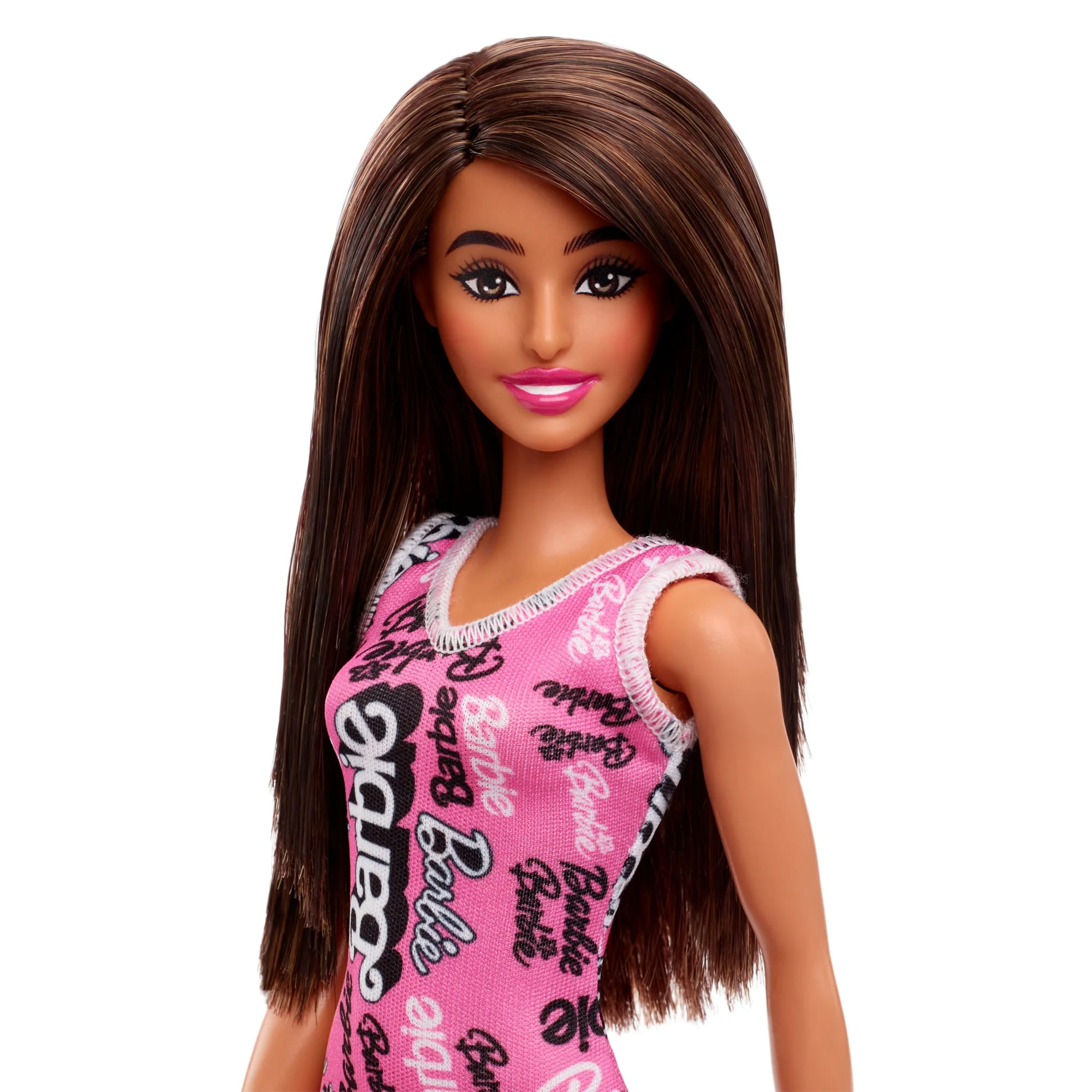 Barbie Poupée Mode Cheveux Bruns Lissés, Robe Rose à Logos, Chaussures - Image 2