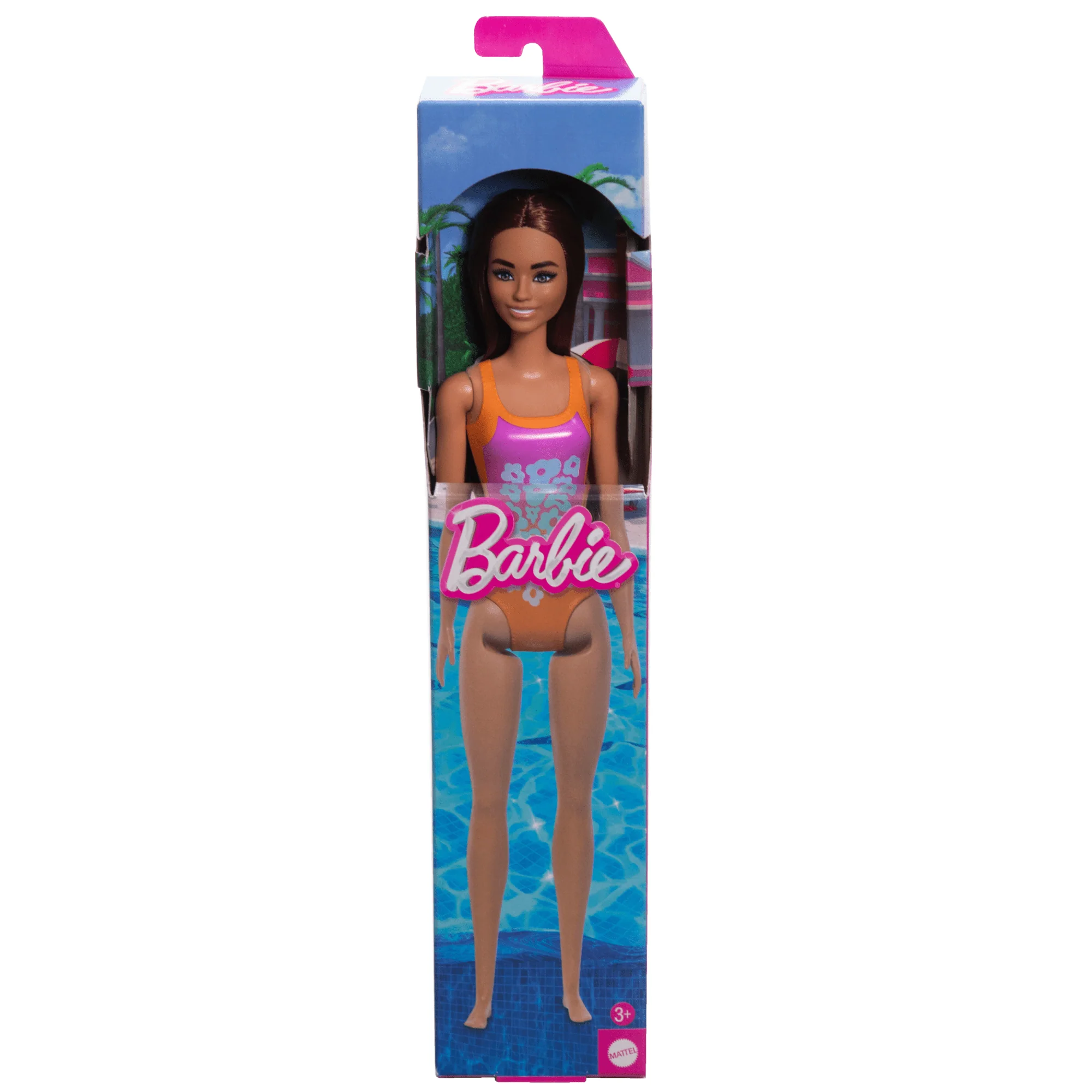 Beach Barbie Doll With Light Brown Hair Wearing Tropical Pink And Orange Swimsuit - Image 5