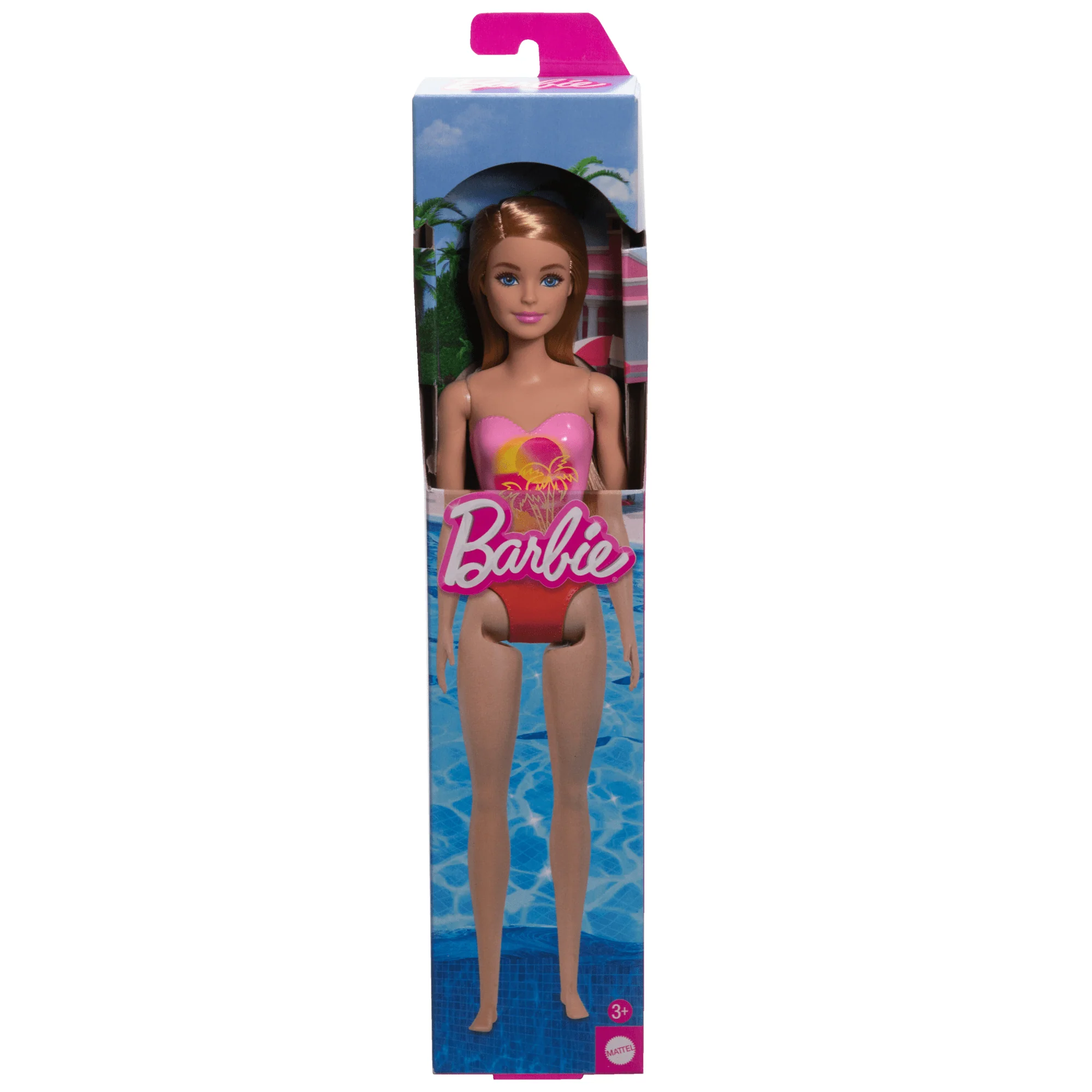 Beach Barbie Doll With Blond Hair Wearing Pink Palm Tree-Print Swimsuit - Image 5