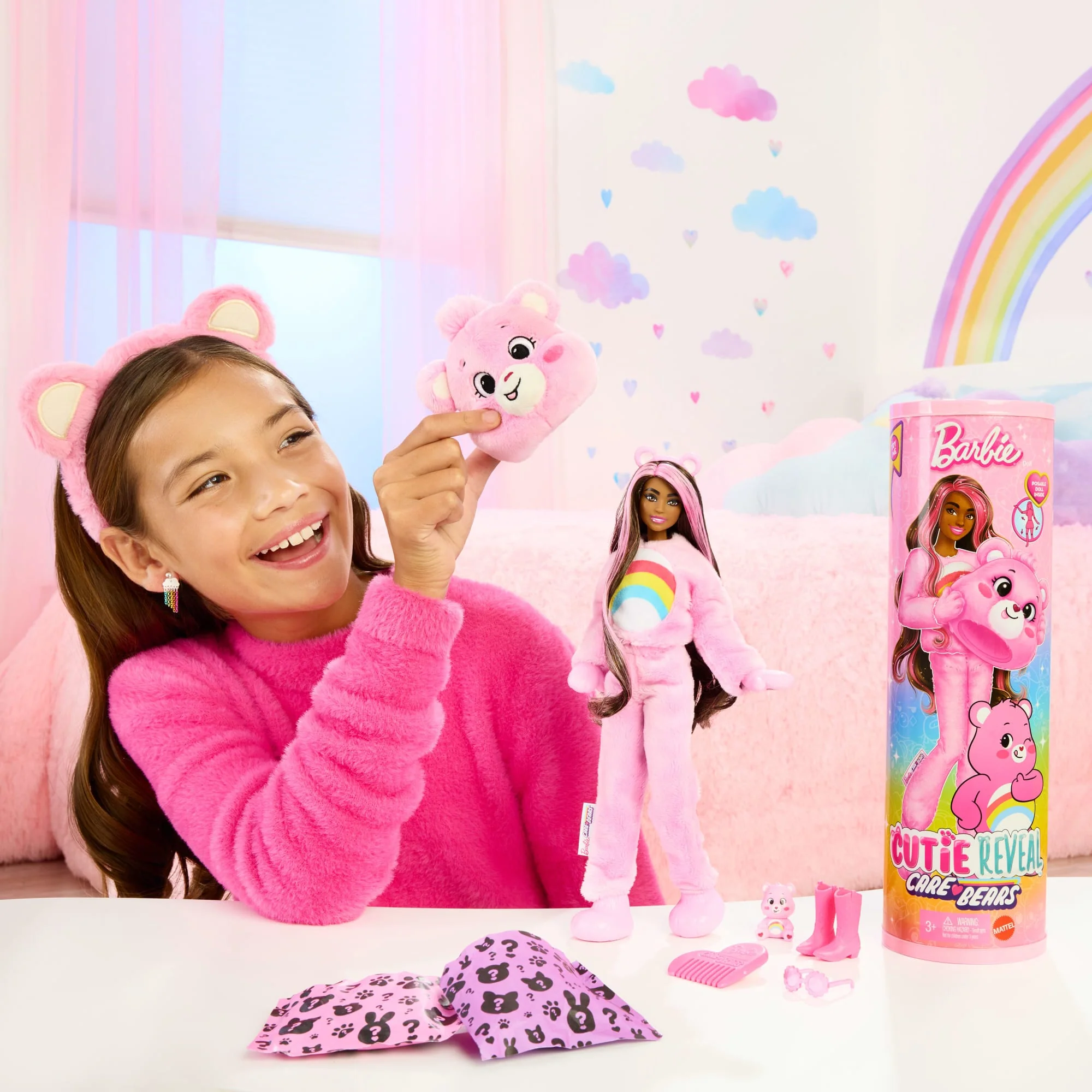 Barbie Cutie Reveal Care Bears Series Doll & Accessories in Cheer Bear Plush Costume, 10 Surprises - Image 2