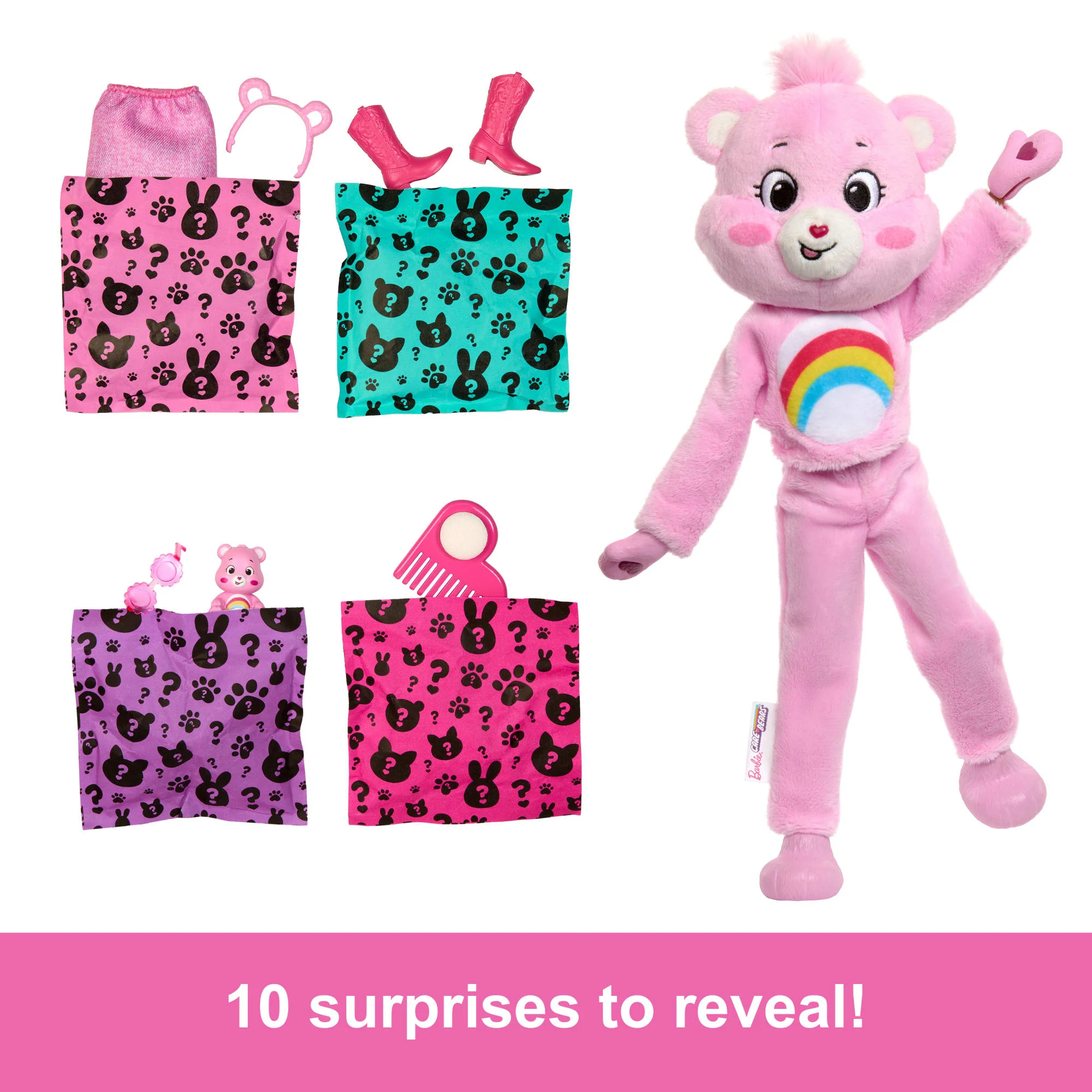 Barbie Cutie Reveal Care Bears Series Doll & Accessories in Cheer Bear Plush Costume, 10 Surprises - Image 3