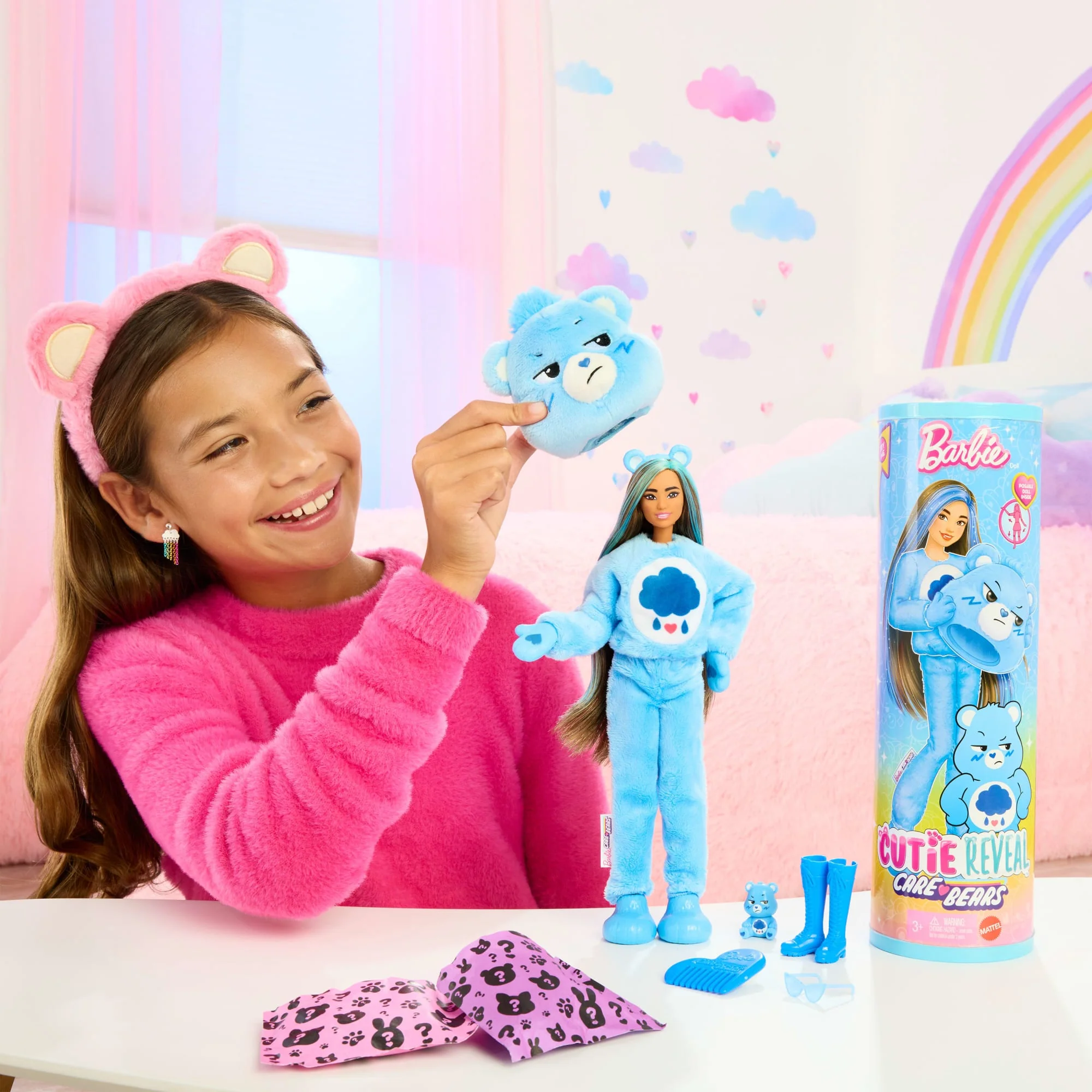 Barbie Cutie Reveal Care Bears Series Doll & Accessories in Grumpy Bear Plush Costume, 10 Surprises - Image 2