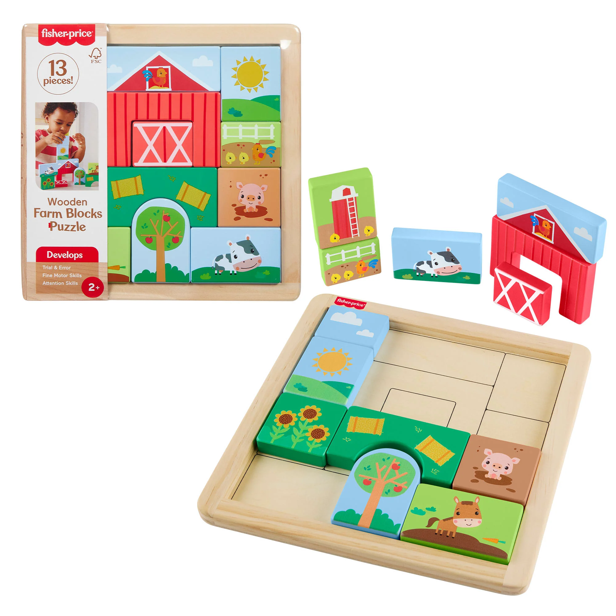Casse-Tête en Bois à Thématique de Ferme Fisher-Price Pour Tout-Petits et enfants, 14 Pièces en Bois