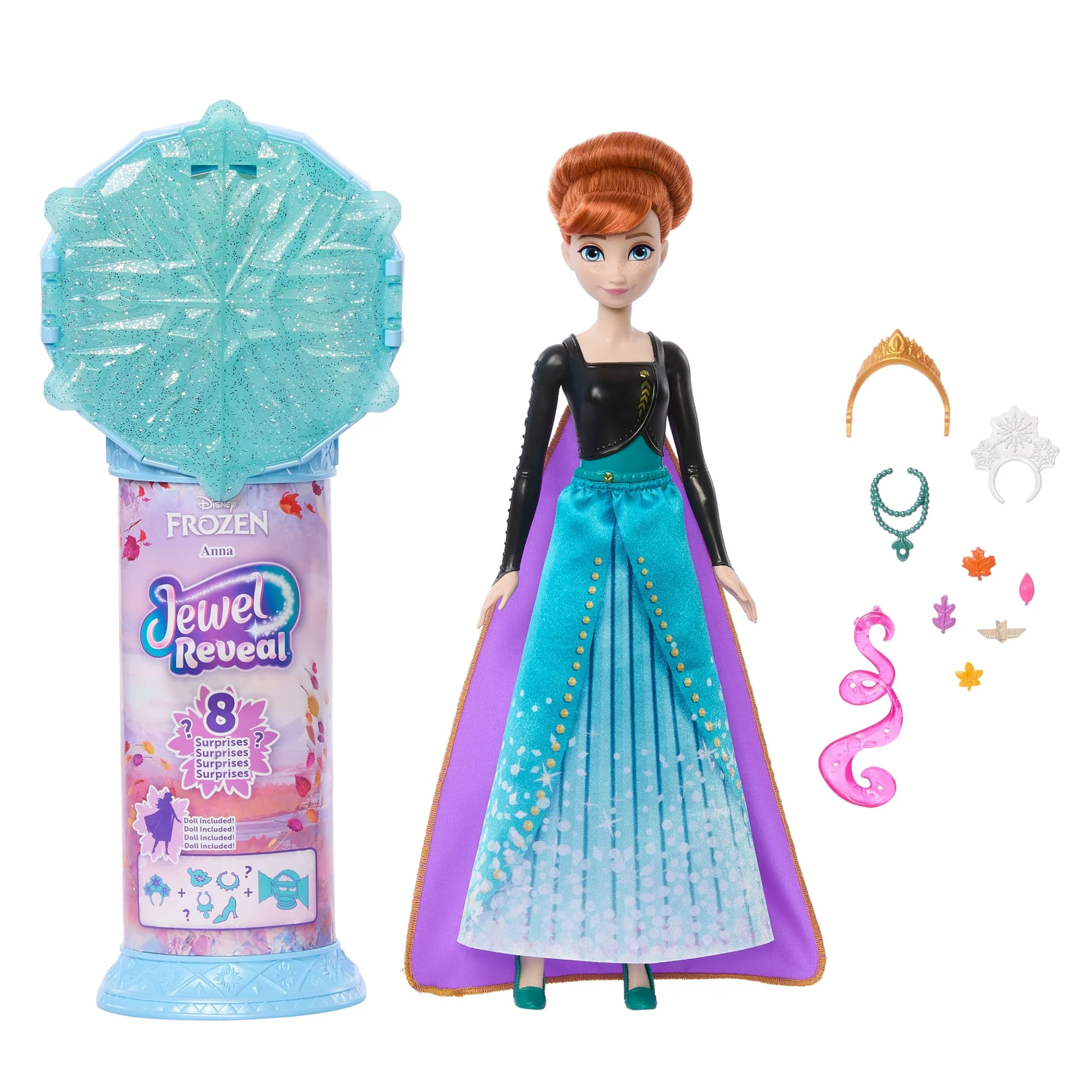 Disney Frozen Jewel Reveal Anna Fashion Doll W/ 8 Surprises including Gem Box & 10 Accessories - Image 5