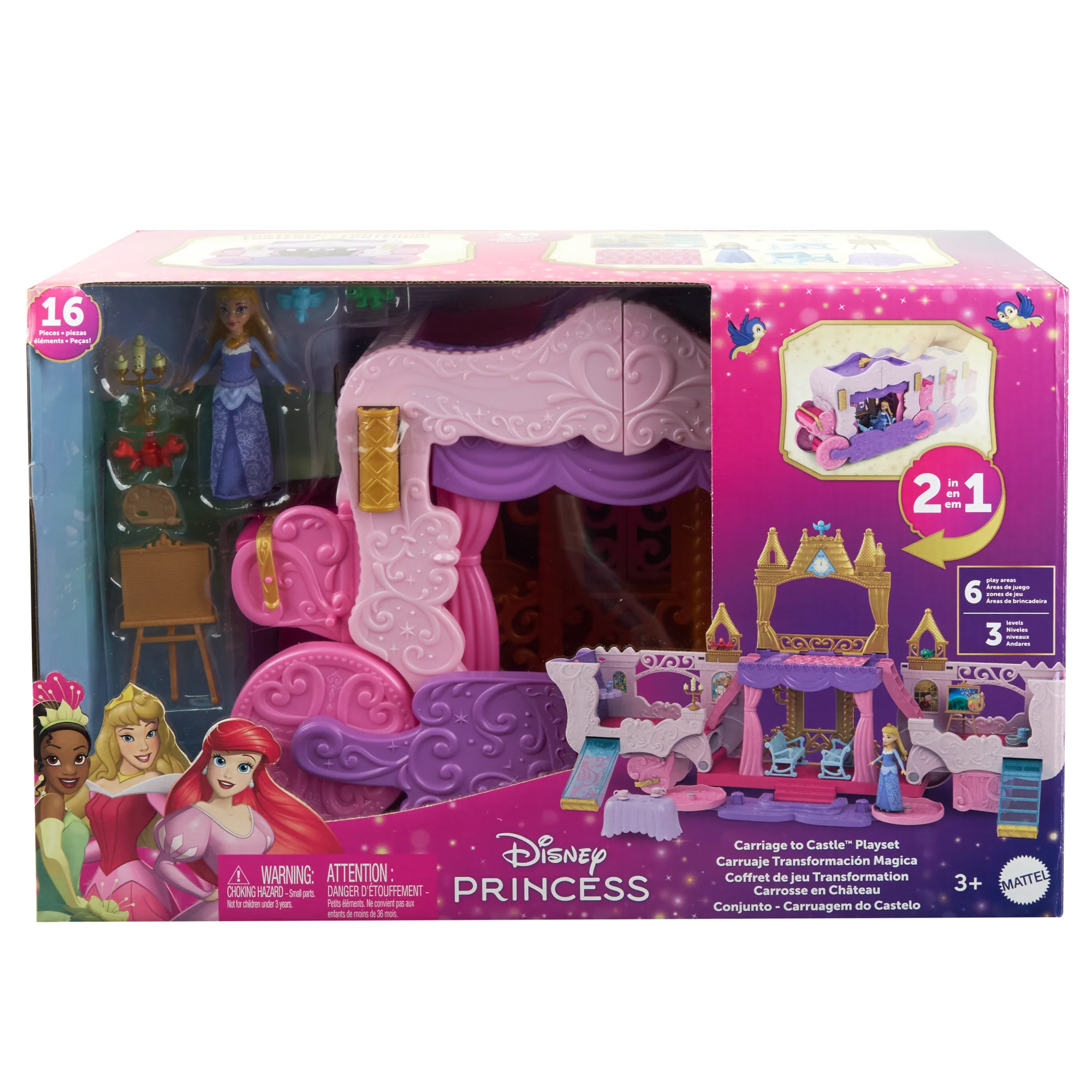 Disney Princess Carriage To Castle Transforming Playset With Aurora Small Doll, 4 Figures & 3 Levels - Image 6