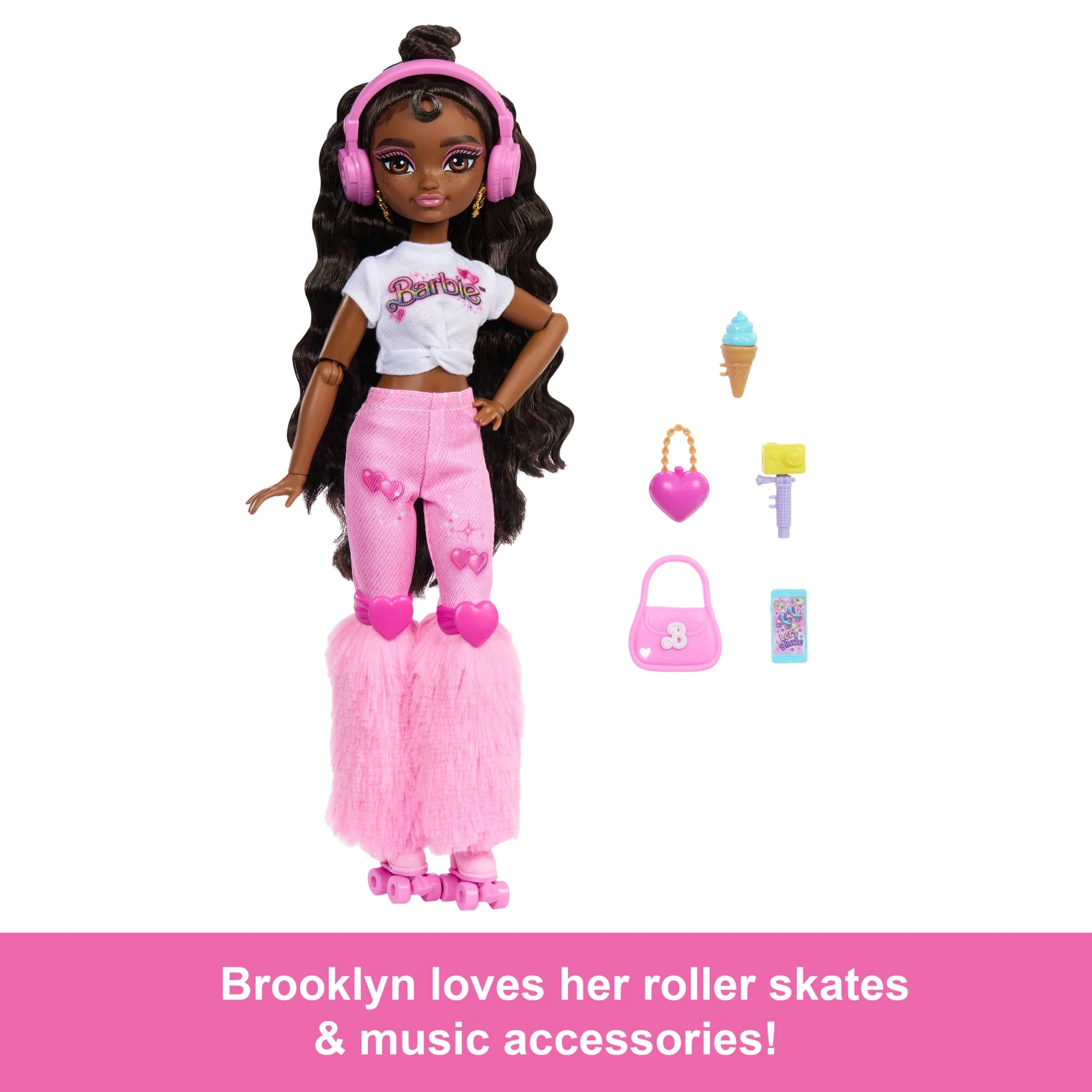 Dream Besties Barbie “Brooklyn” Roller Skating Fashion Doll With 9 Music & Video Themed Accessories - Image 2