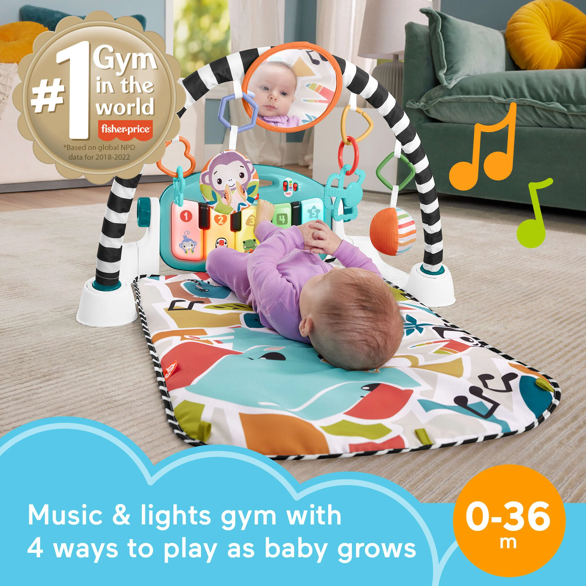 Fisher-Price Glow And Grow Kick & Play Piano Gym Baby Playmat With Musical Learning Toy, Blue - Image 2