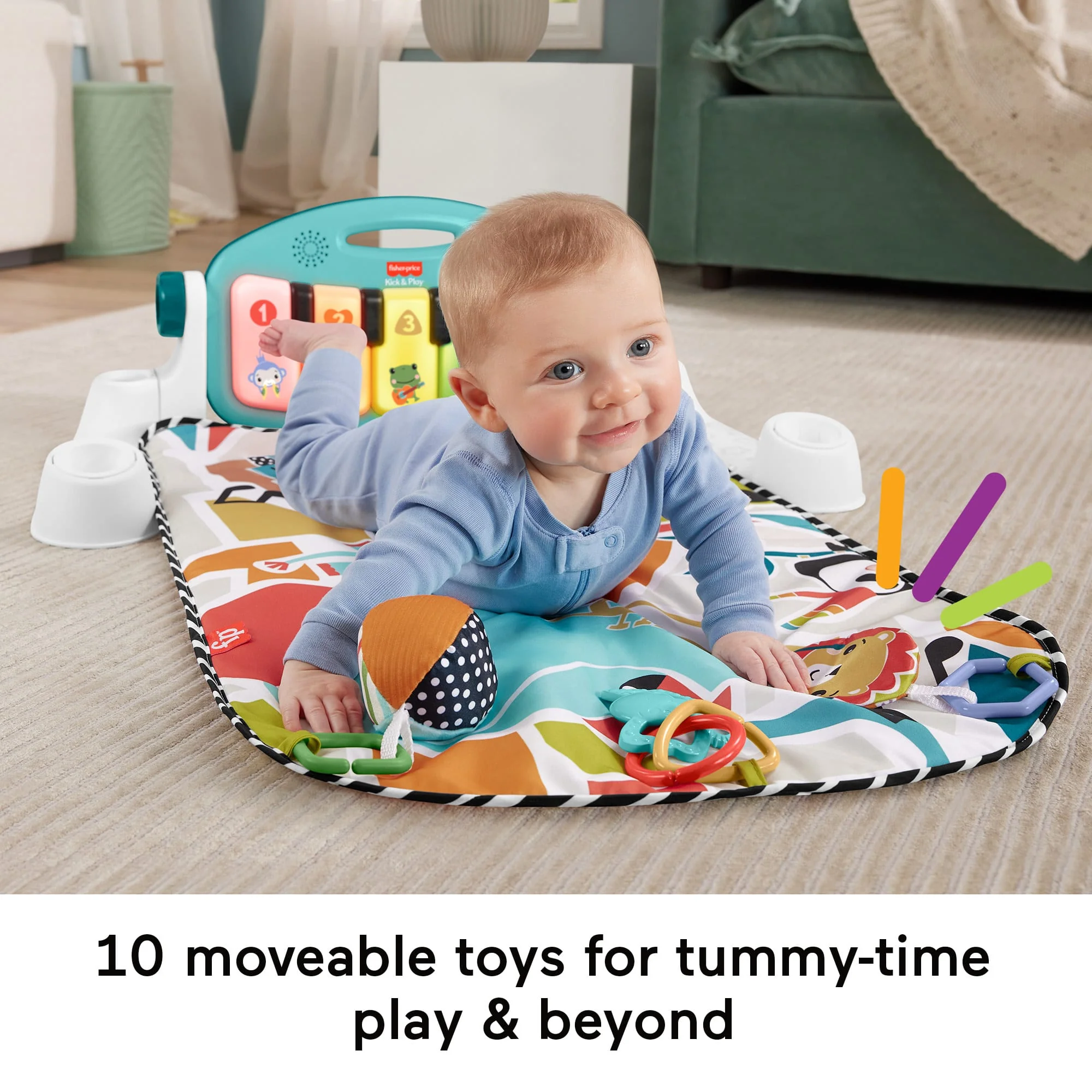 Fisher-Price Glow And Grow Kick & Play Piano Gym Baby Playmat With Musical Learning Toy, Blue - Image 3