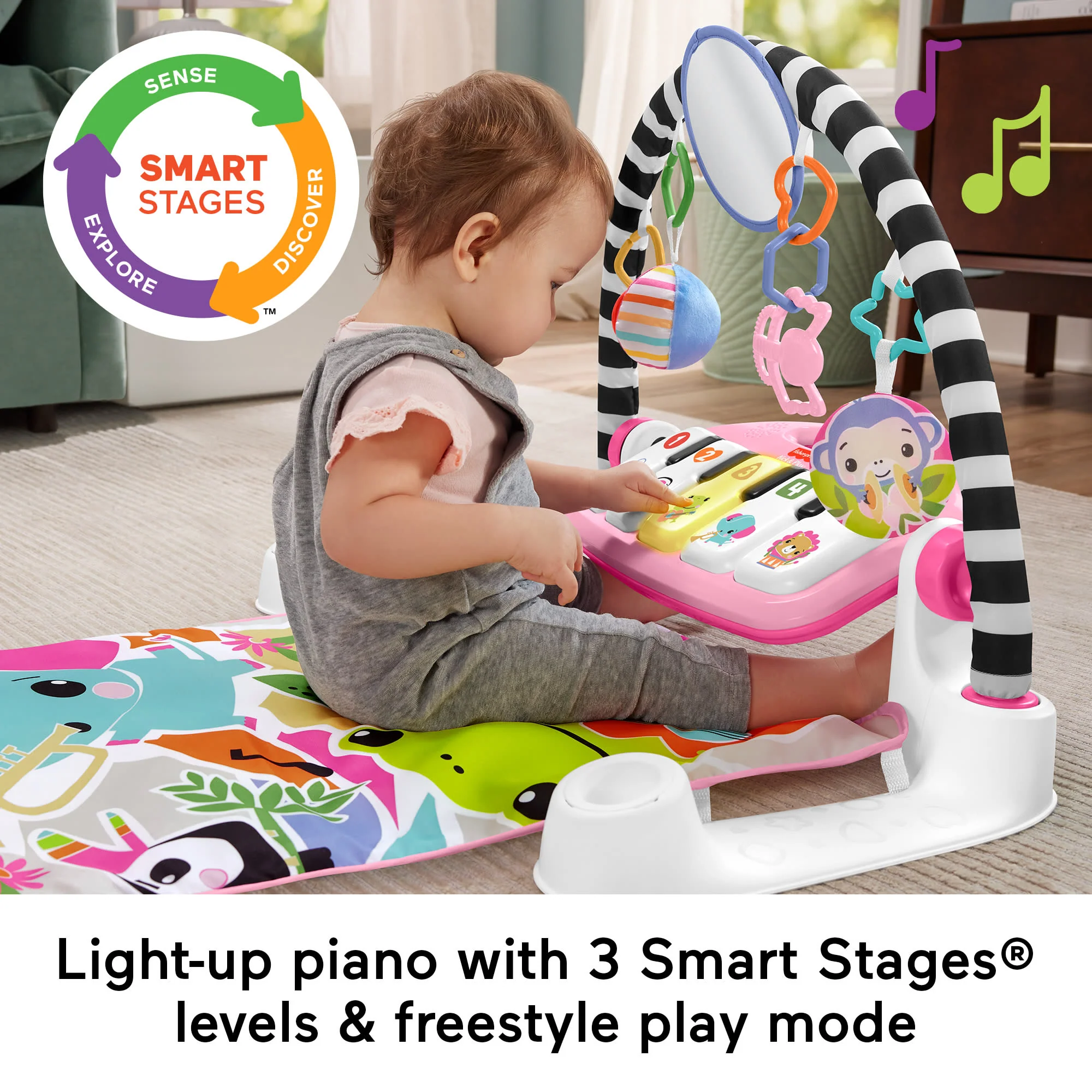 Fisher-Price Glow And Grow Kick & Play Piano Gym Baby Playmat With Musical Learning Toy, Pink - Image 4