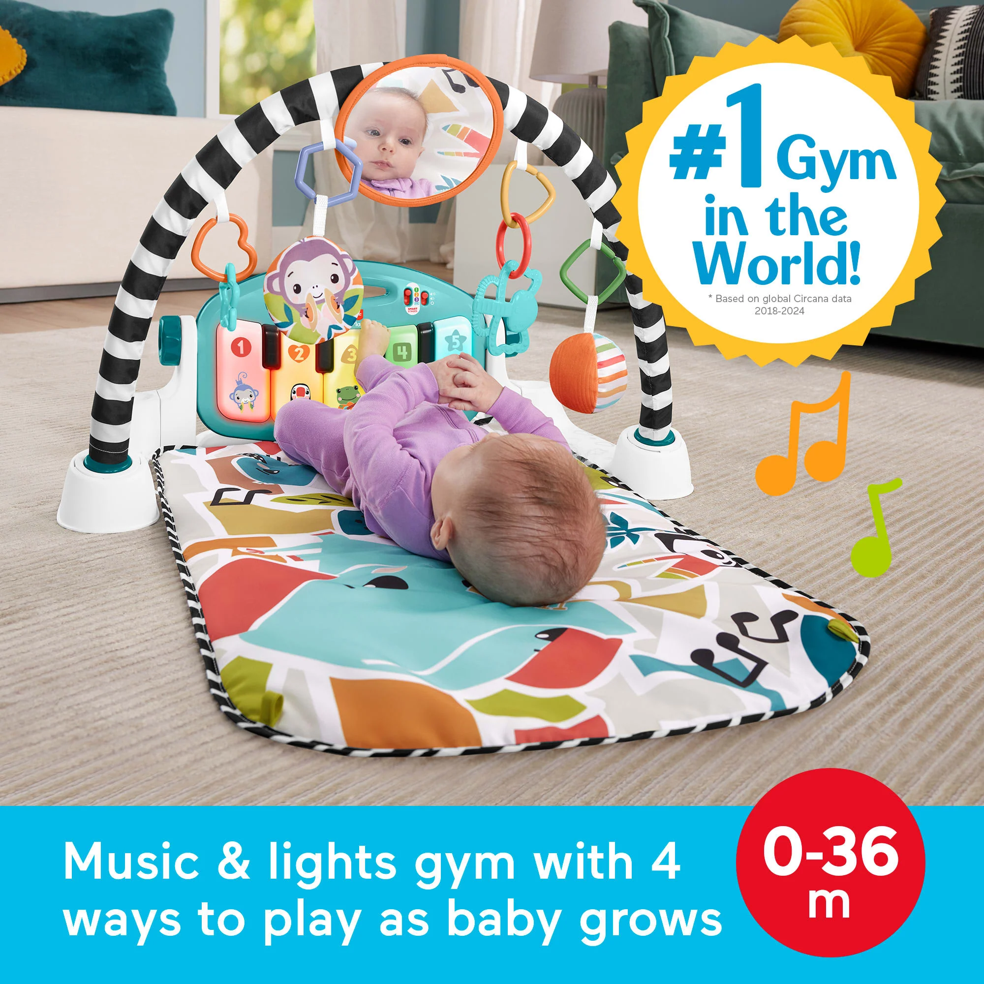 Fisher-Price Glow And Grow Kick & Play Piano Gym Baby Playmat With Musical Learning Toy, Blue - Image 2