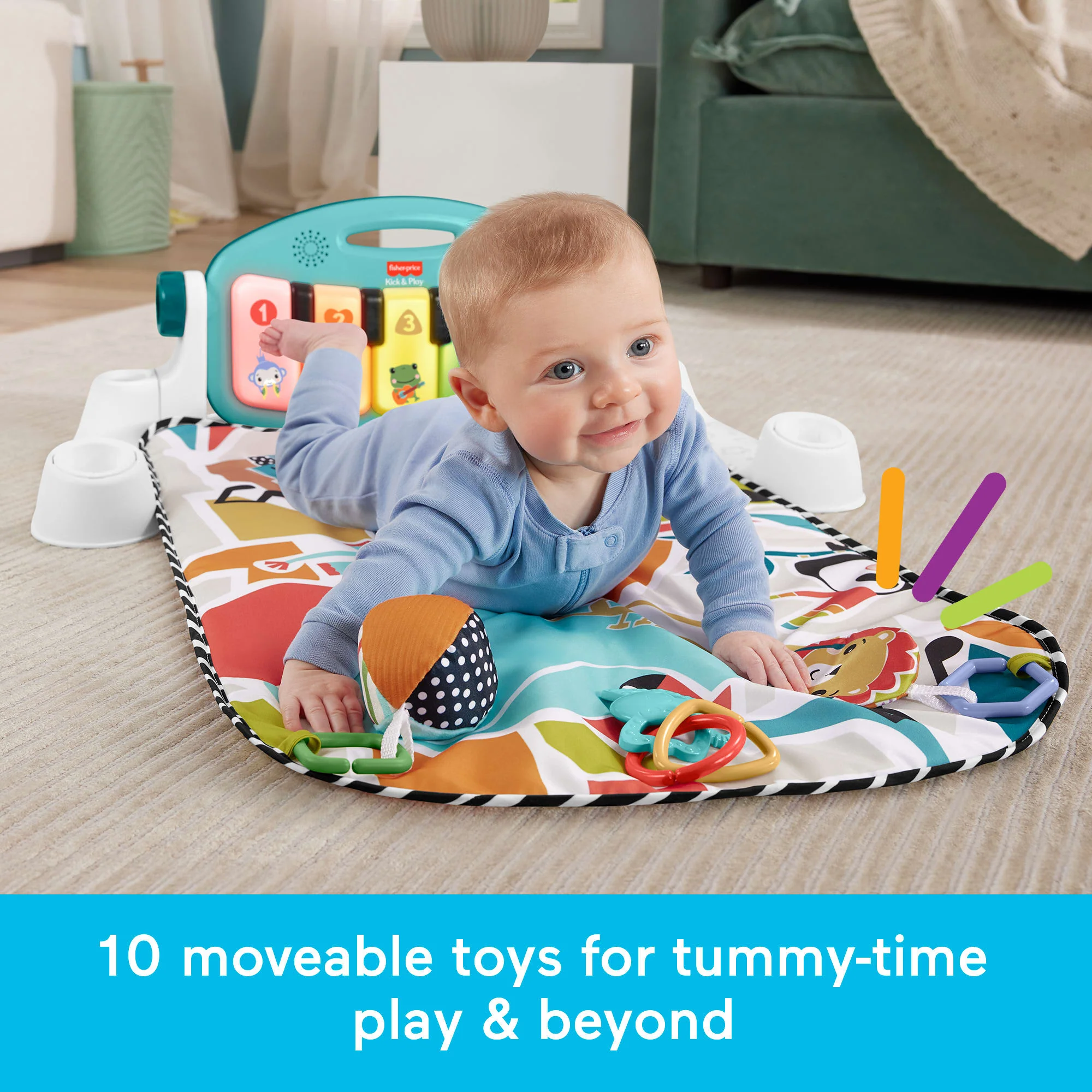 Fisher-Price Glow And Grow Kick & Play Piano Gym Baby Playmat With Musical Learning Toy, Blue - Image 3