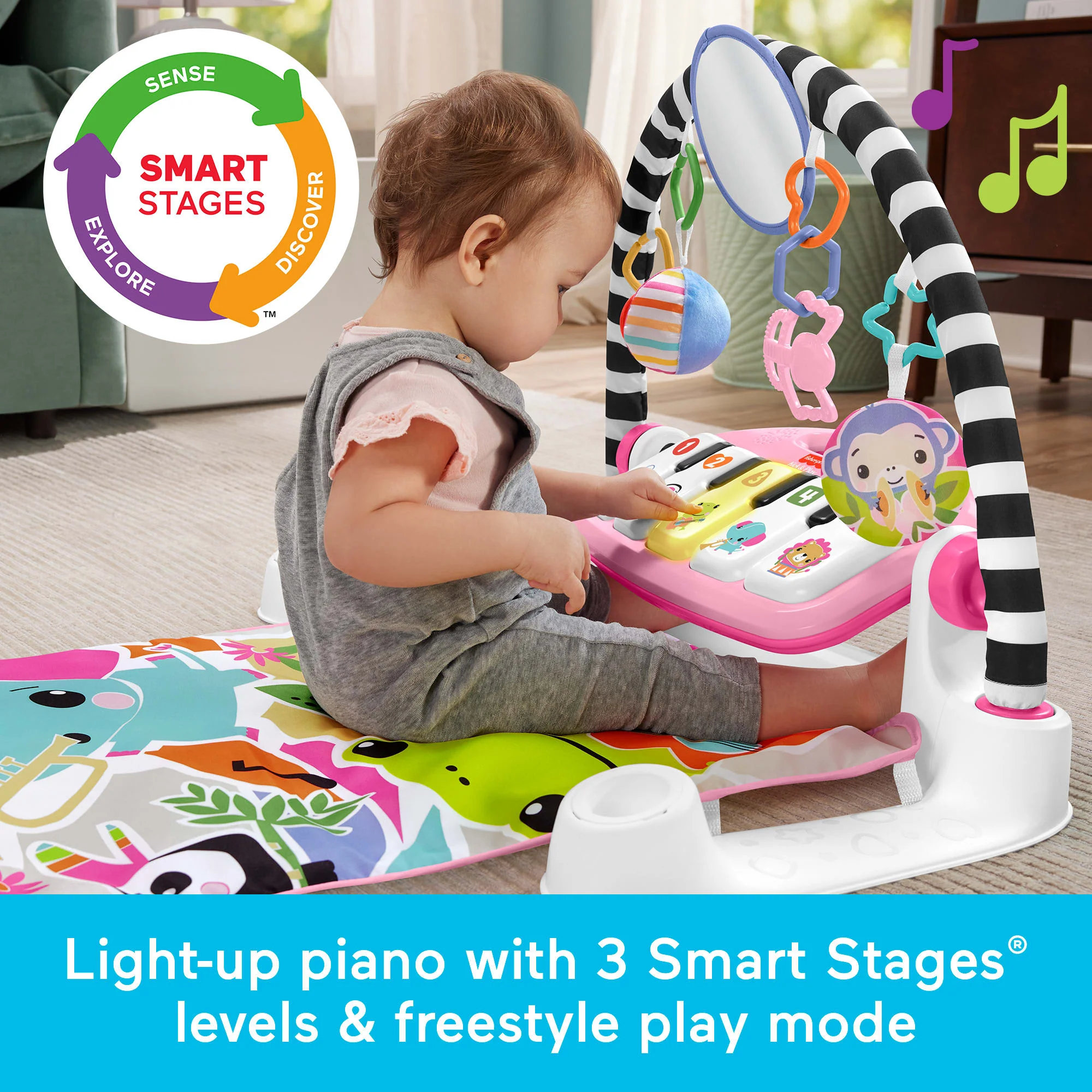 Fisher-Price Glow And Grow Kick & Play Piano Gym Baby Playmat With Musical Learning Toy, Pink - Image 4