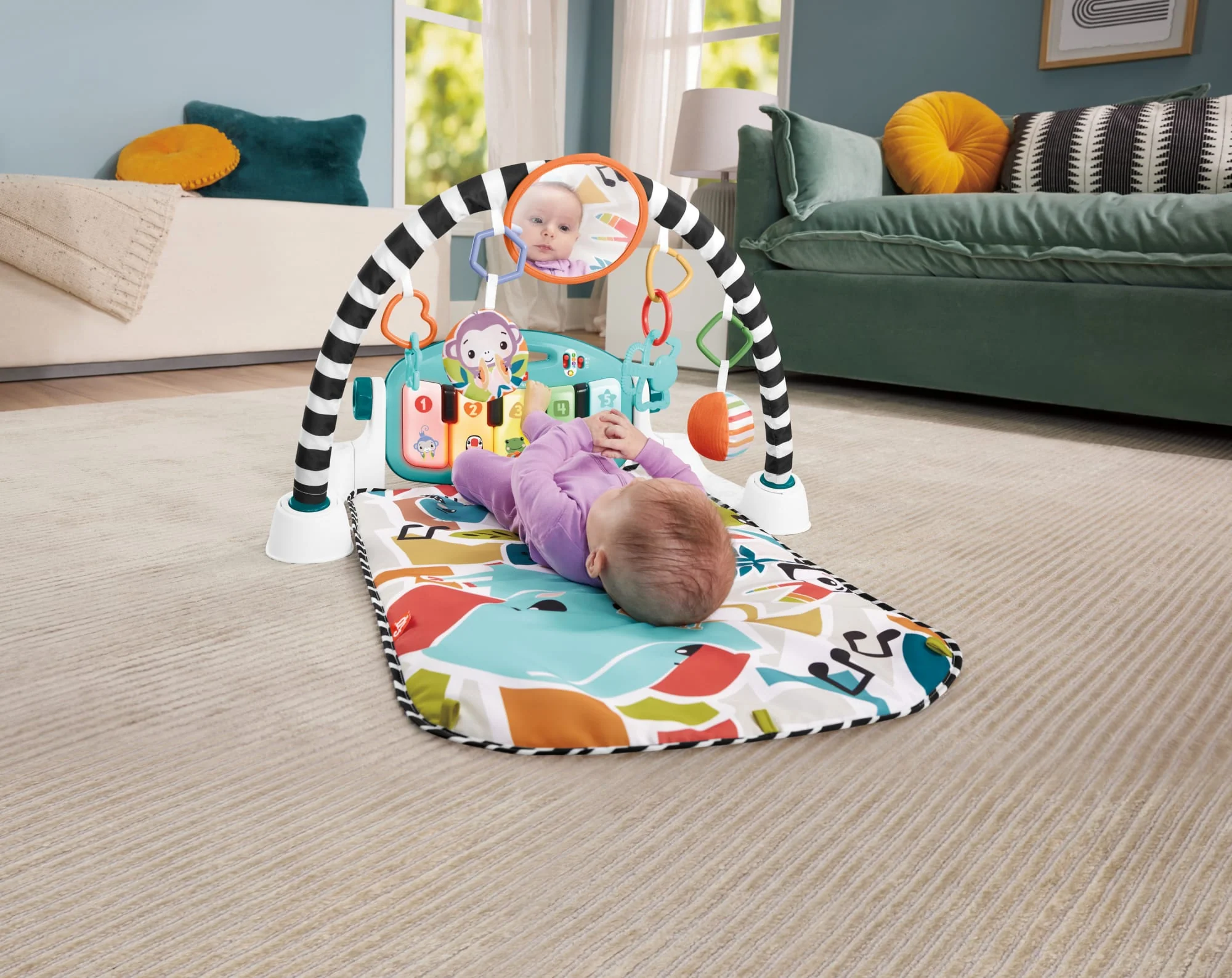 Fisher-Price Glow And Grow Kick & Play Piano Gym Baby Playmat With Musical Learning Toy, Blue - French Version - Image 2