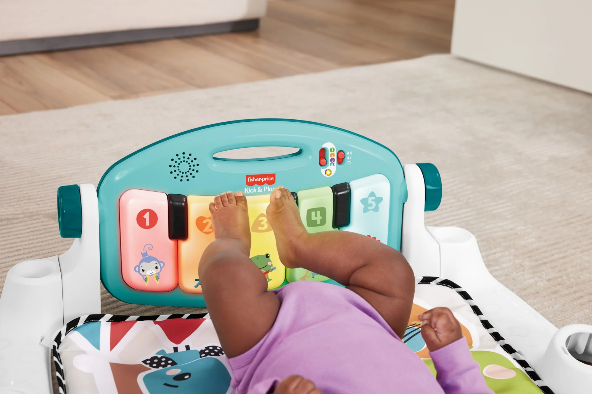 Fisher-Price Glow And Grow Kick & Play Piano Gym Baby Playmat With Musical Learning Toy, Blue - French Version - Image 3