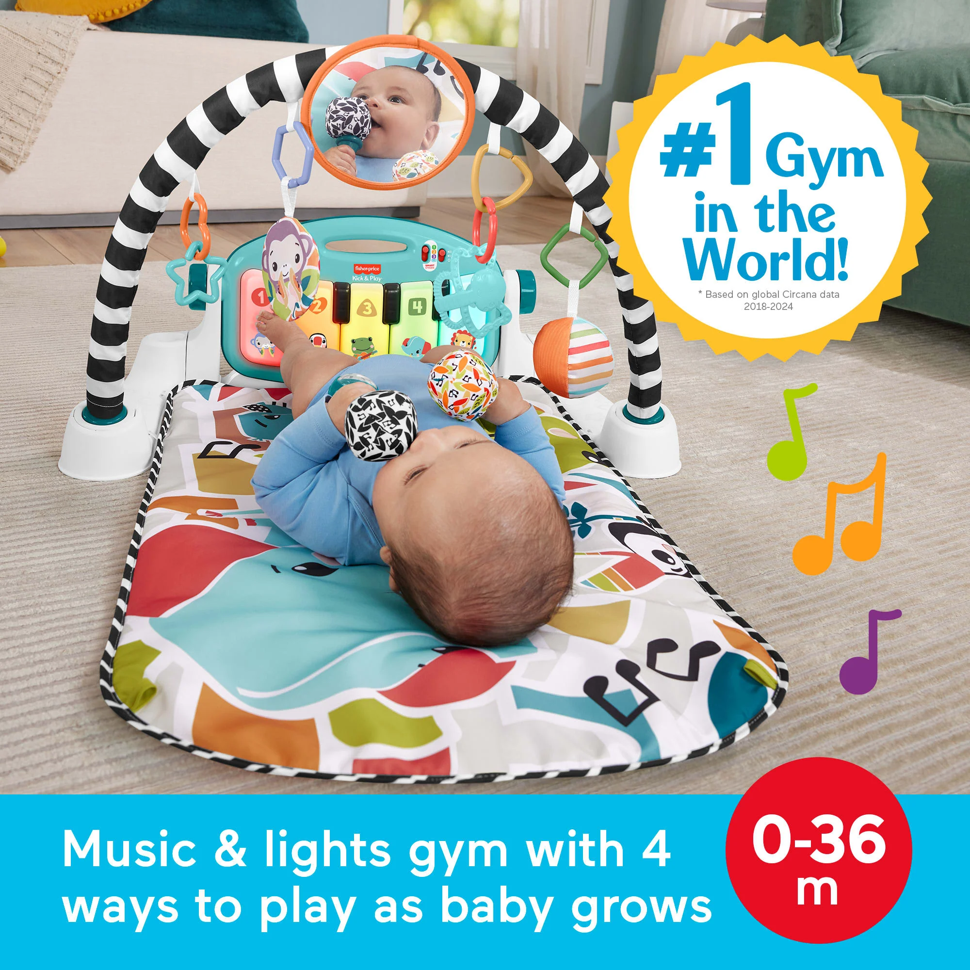 Fisher-Price Glow And Grow Kick & Play Piano Gym Baby Learning Toy With 2 Maracas, Blue - Image 2