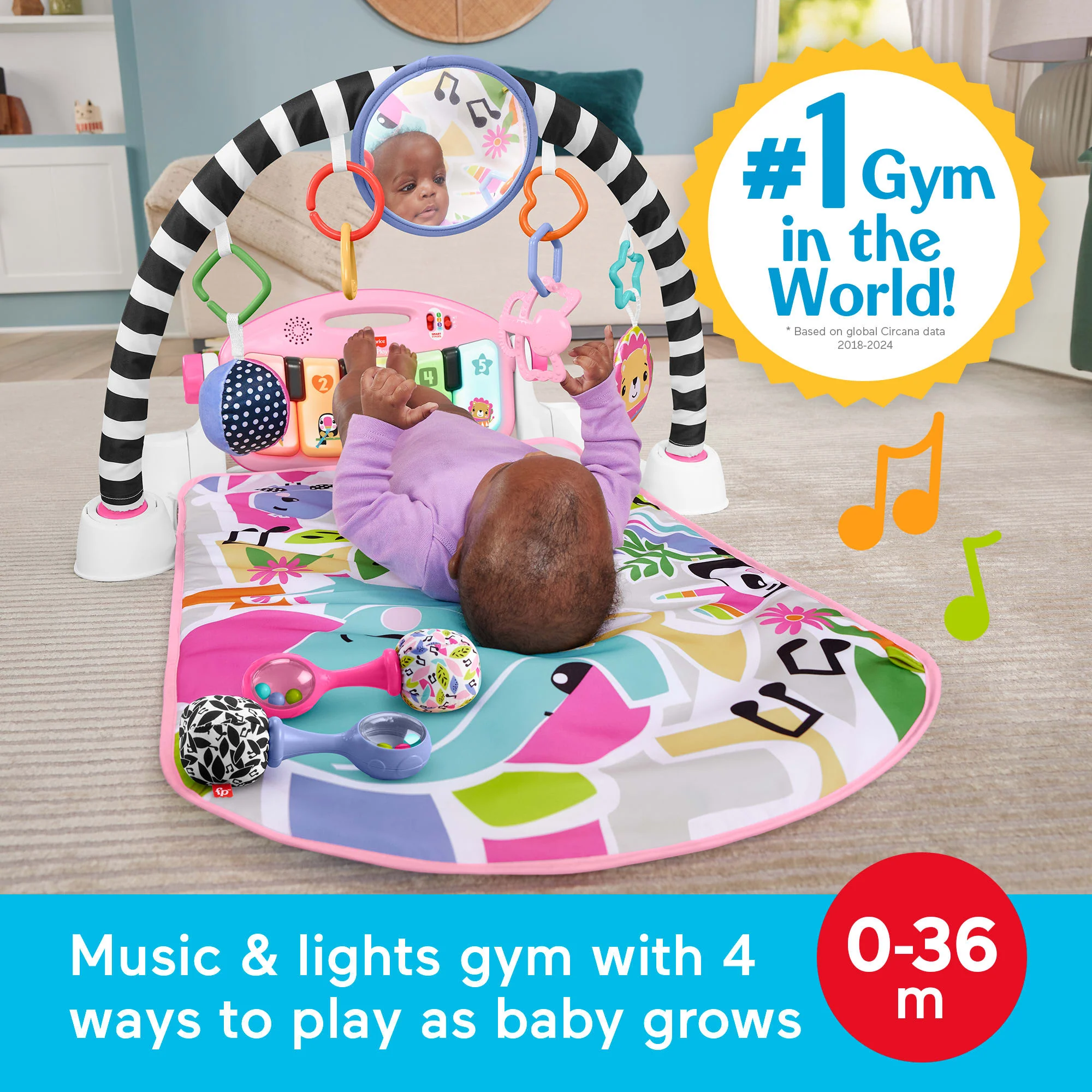 Fisher-Price Glow And Grow Kick & Play Piano Gym Baby Learning Toy With 2 Maracas, Pink - Image 2
