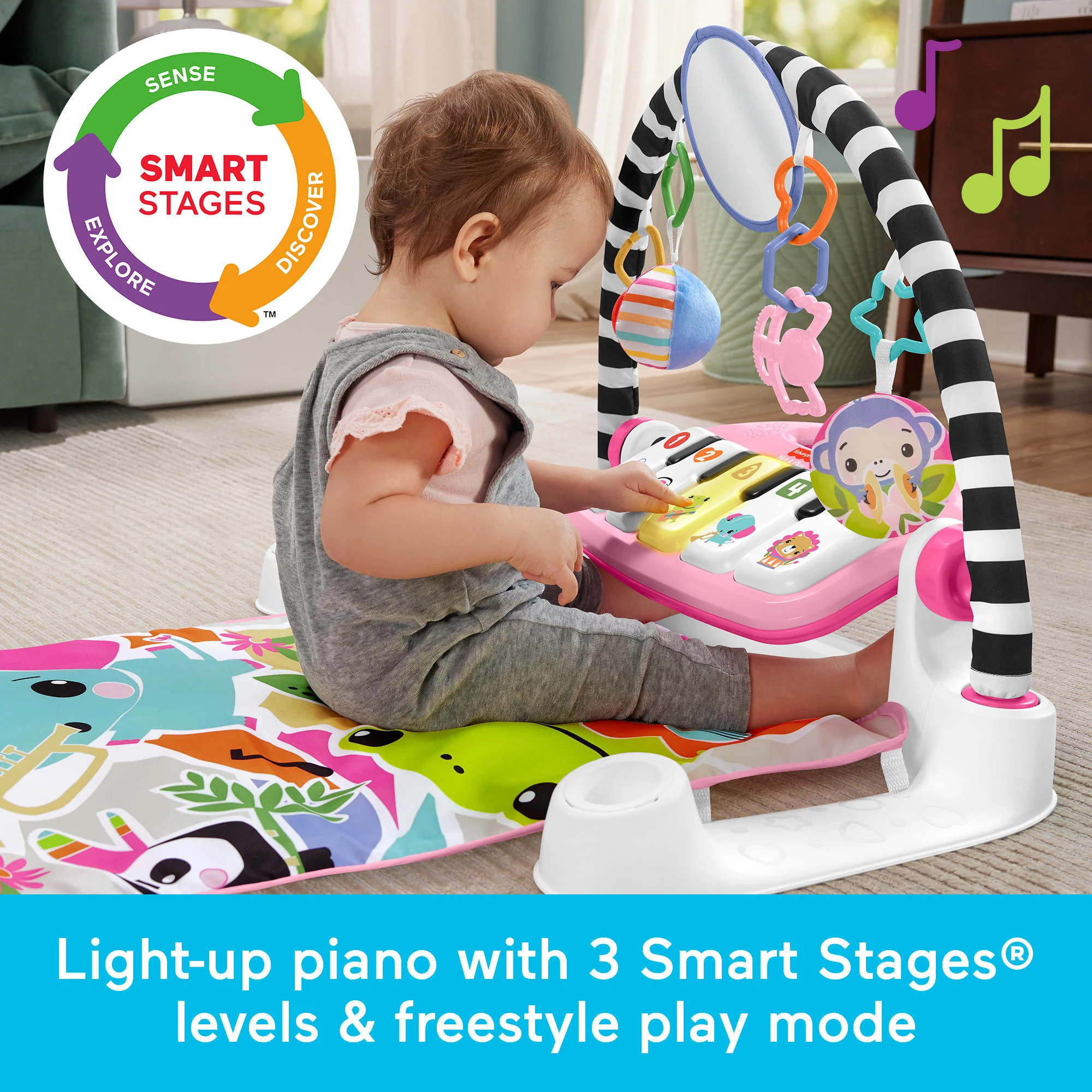 Fisher-Price Glow And Grow Kick & Play Piano Gym Baby Learning Toy With 2 Maracas, Pink - Image 4