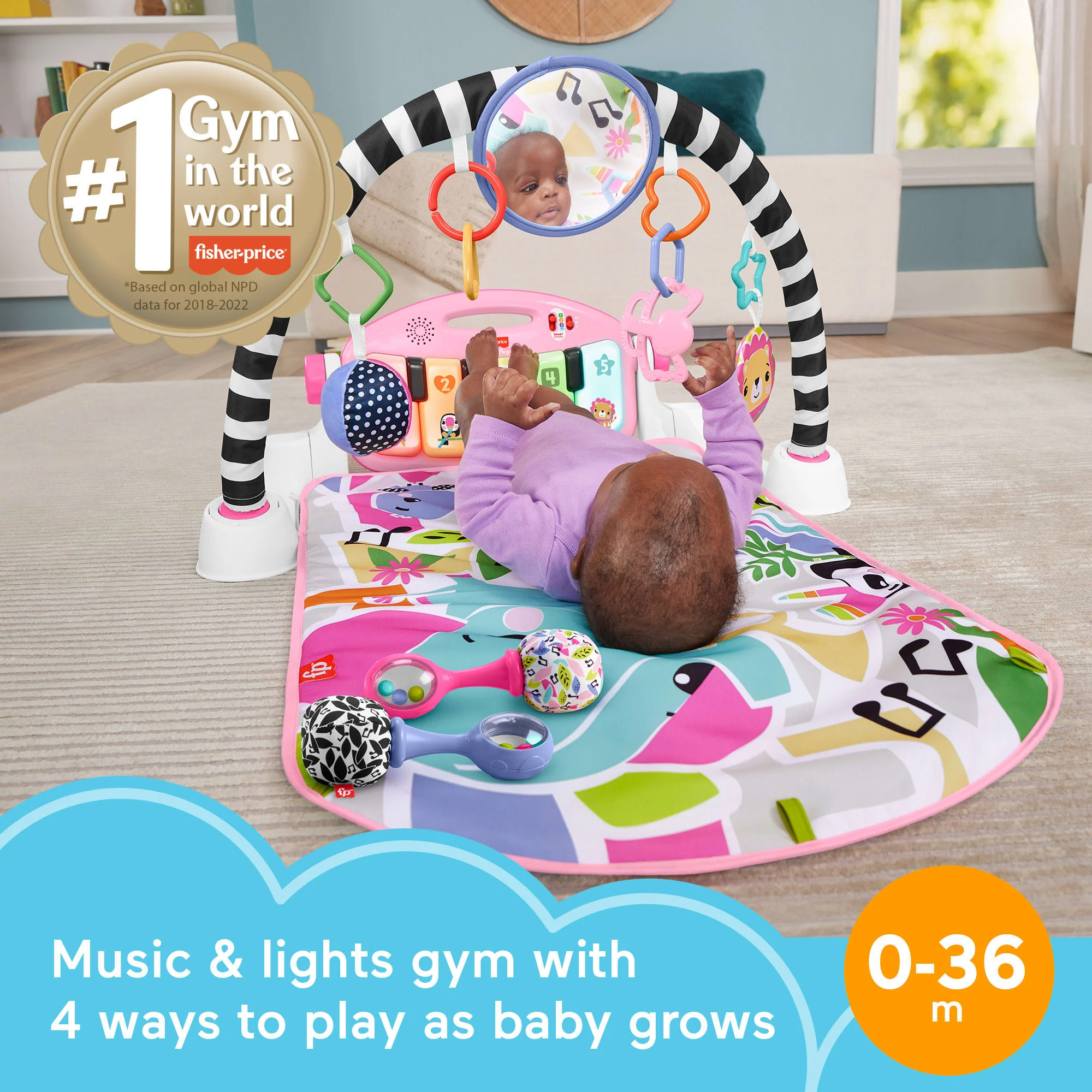 Fisher-Price Glow And Grow Kick & Play Piano Gym Baby Learning Toy With 2 Maracas, Pink - Image 2