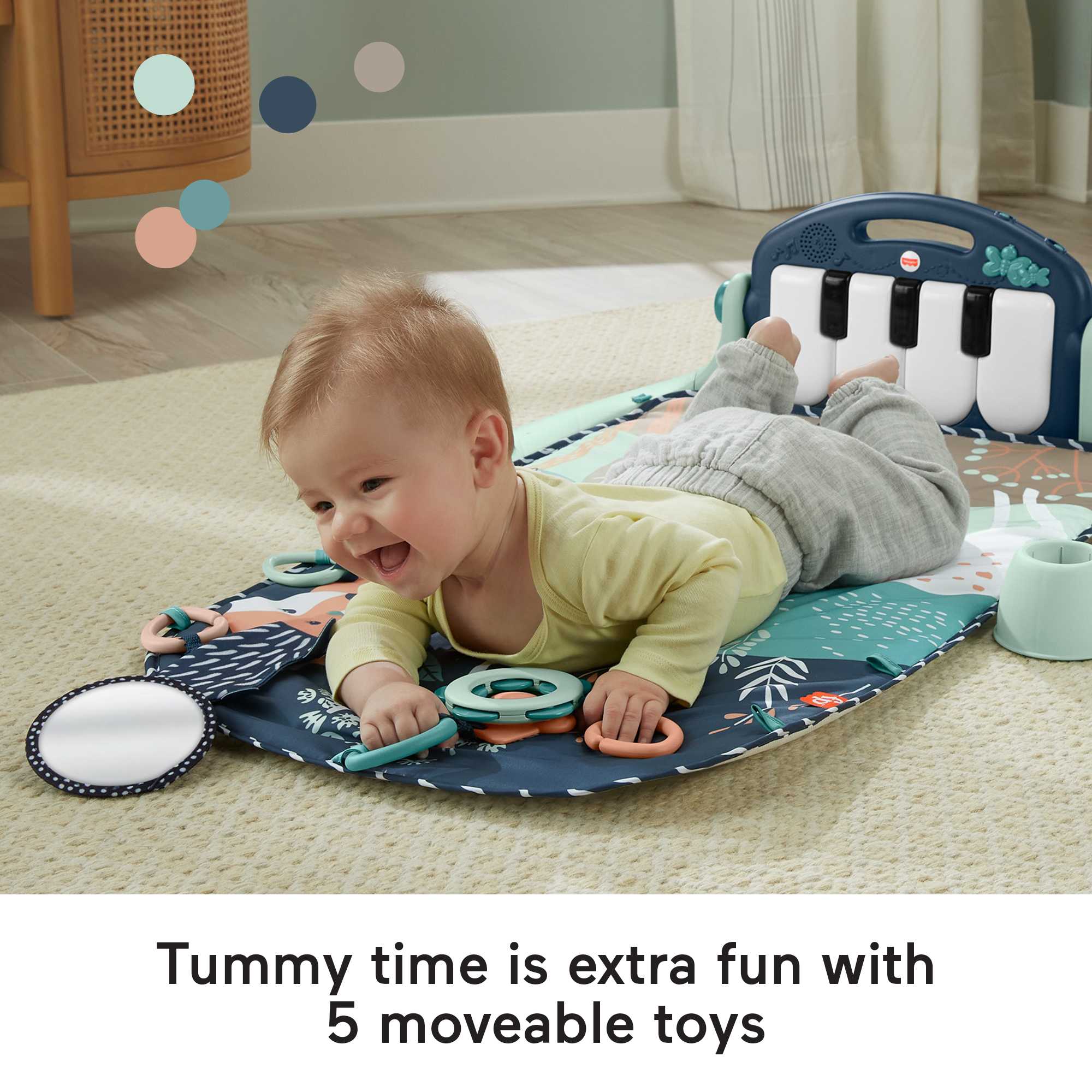 Fisher-Price Baby Gym Playmat With Kick & Play Piano And Tummy Time Toys, Navy Fawn - Image 3