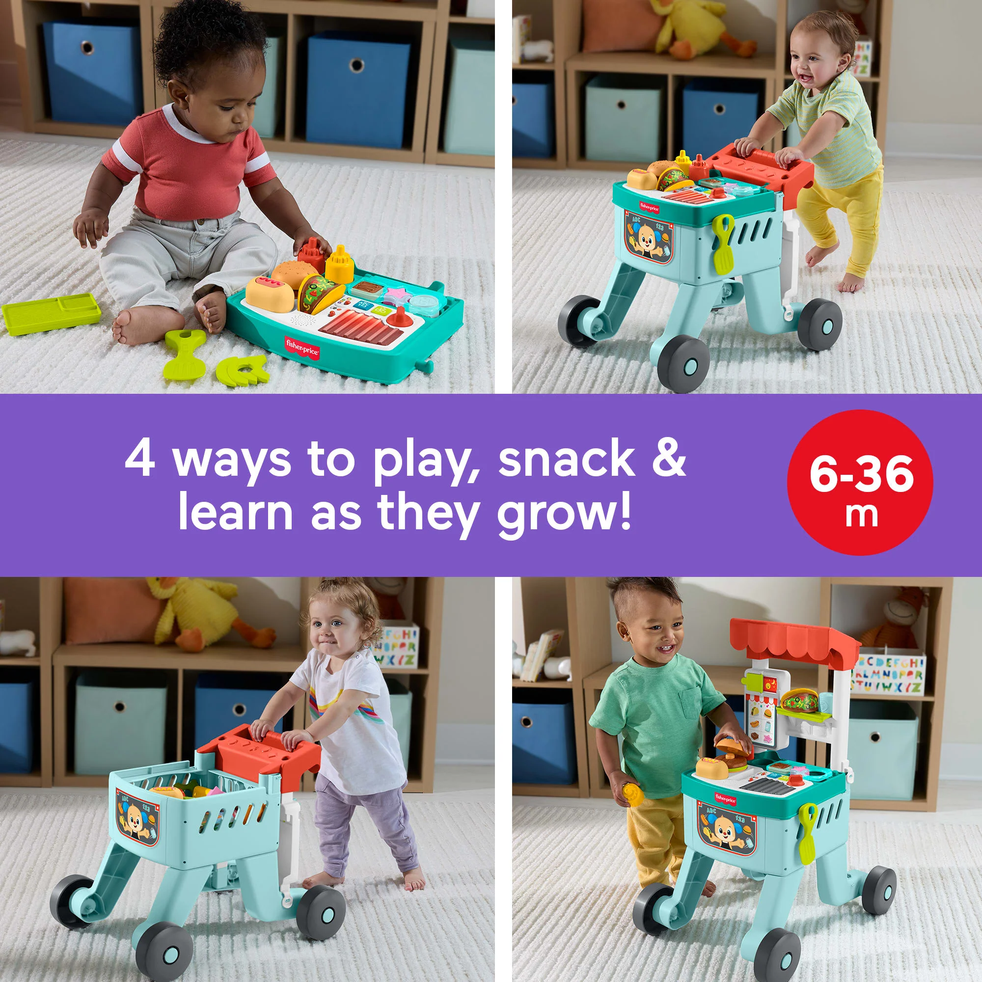Fisher-Price Laugh & Learn 4-in-1 Snack Cart Walker Baby & Toddler Learning Toy, 14 Play Pieces, Multilanguage Version - Image 2