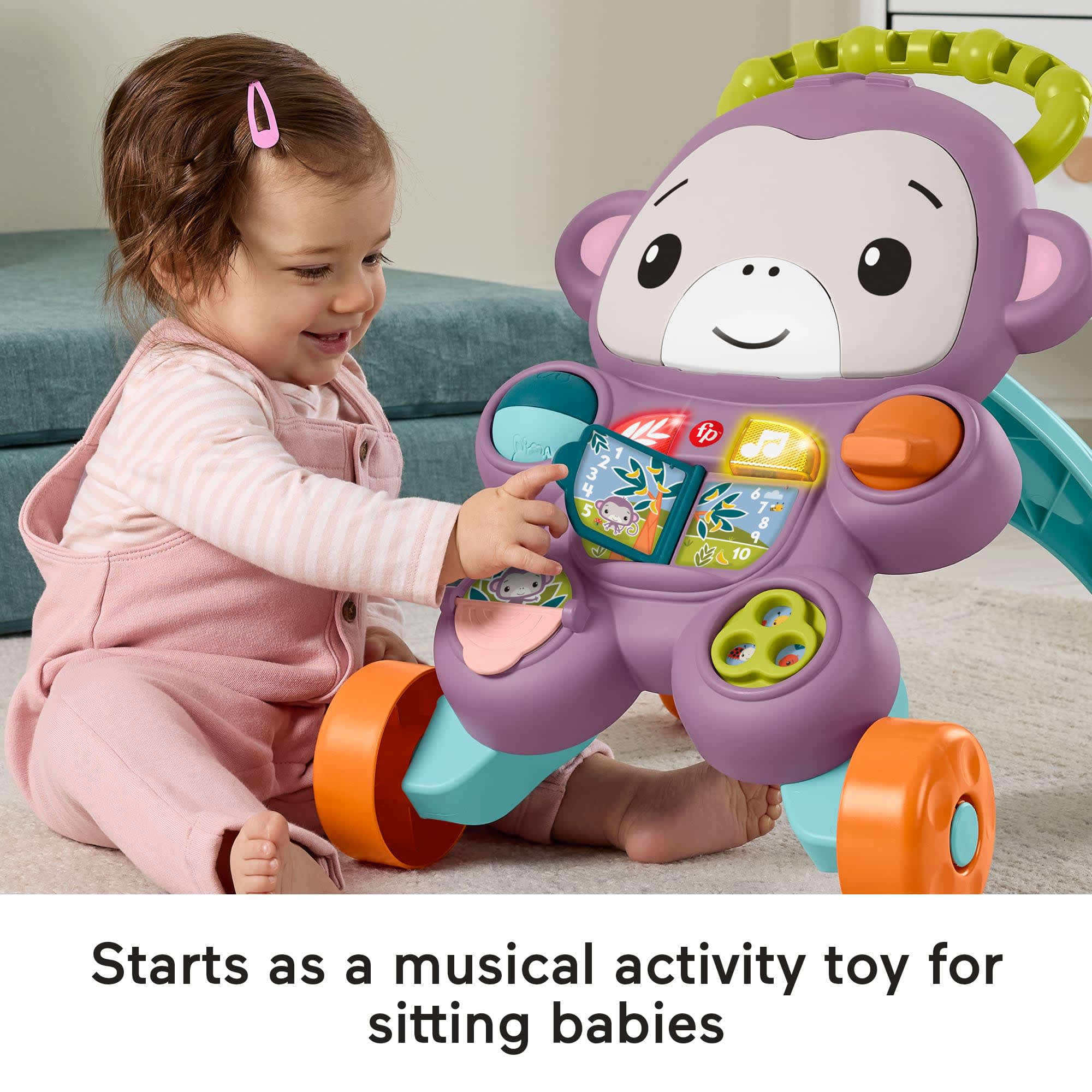Fisher-Price Learn With Me Purple Monkey Push Walker, Baby Musical Learning Activity Toy - Image 3