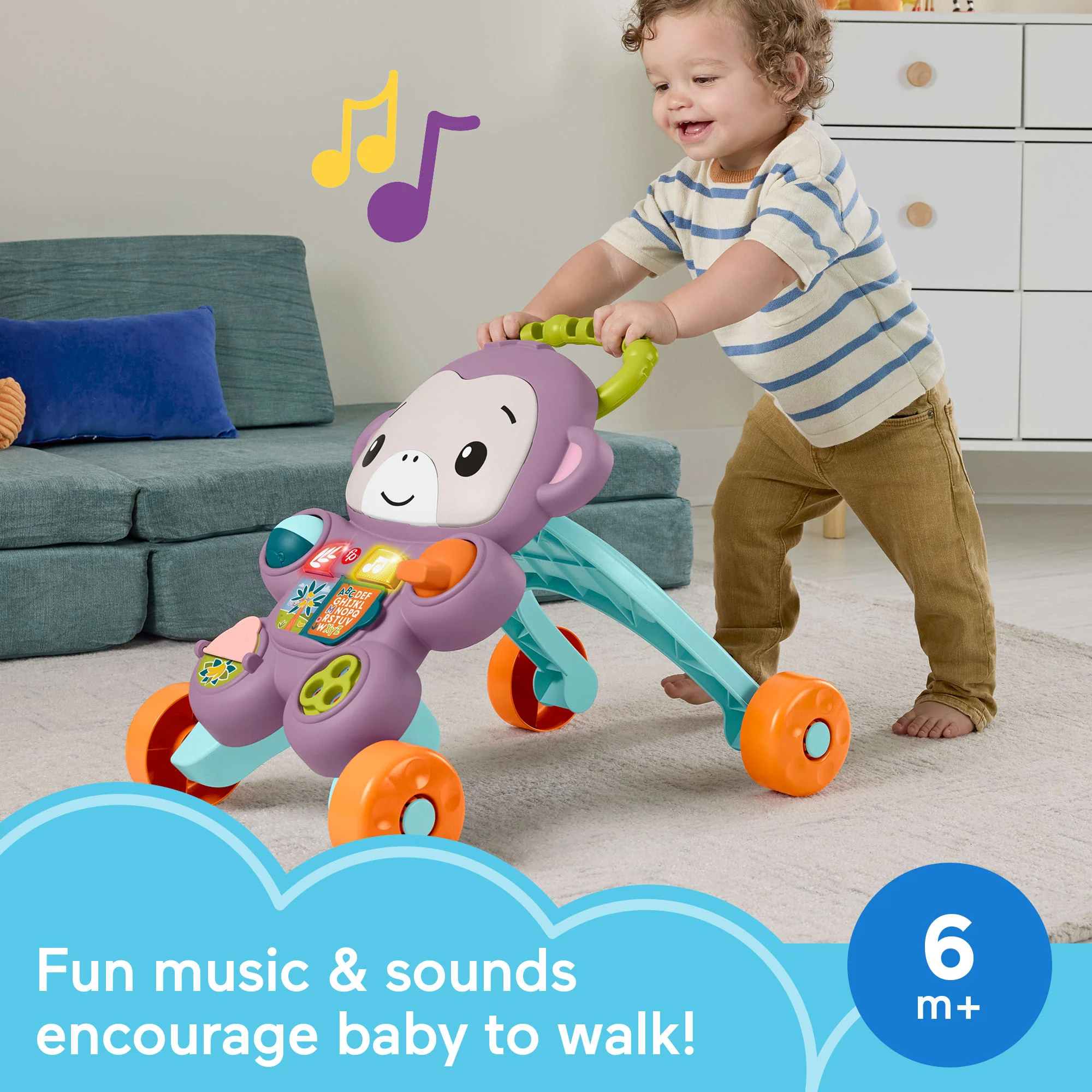 Fisher-Price Learn With Me Purple Monkey Push Walker, Baby Musical Learning Activity Toy - Image 2