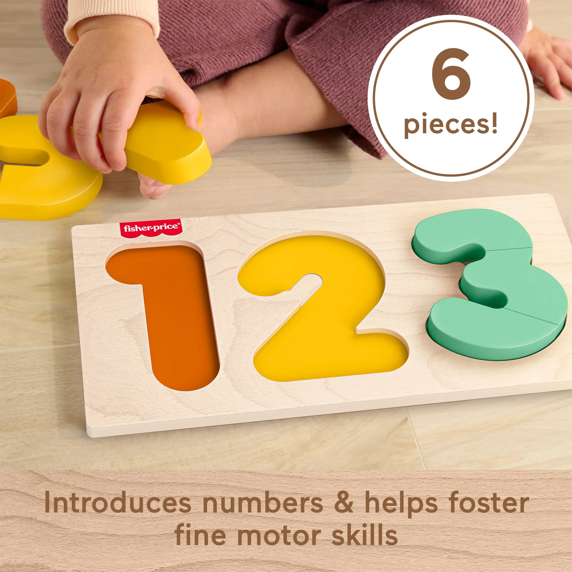 Fisher-Price Montessori Wooden 1-2-3 Puzzle, Toddler Learning Toy, 7 Wood Pieces - Image 3