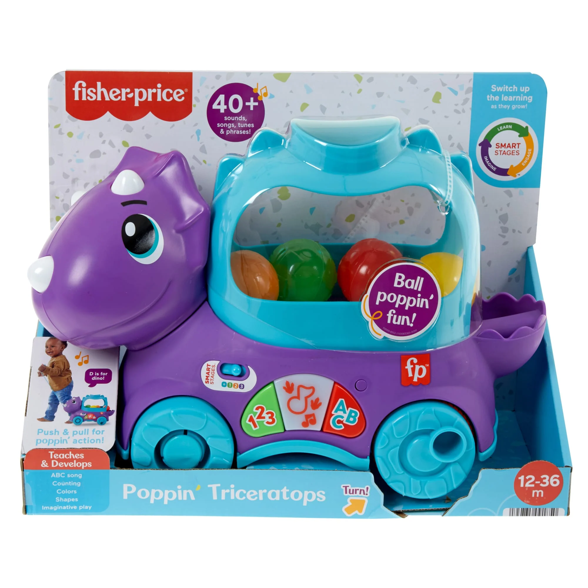 Fisher-Price Poppin’ Triceratops Dinosaur Interactive Musical Learning Toy For Toddlers, 4 Balls - Image 6