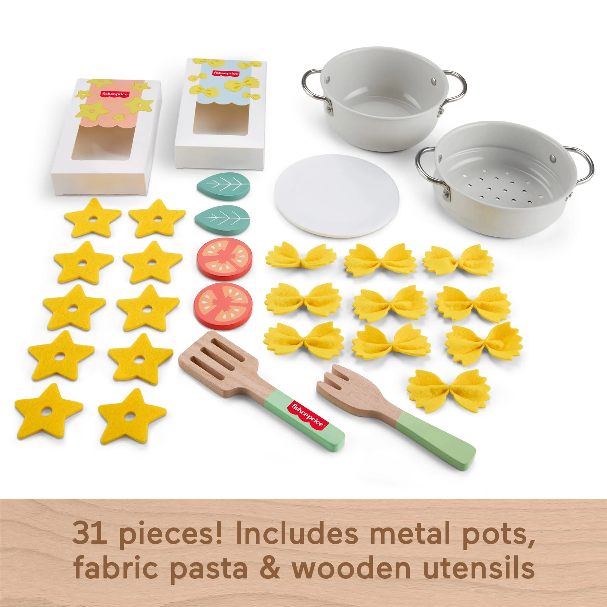 Fisher-Price Pots & Pasta Chef Set, Cooking Toy With Wooden Food For Pretend Play, 31 Pieces - Image 5