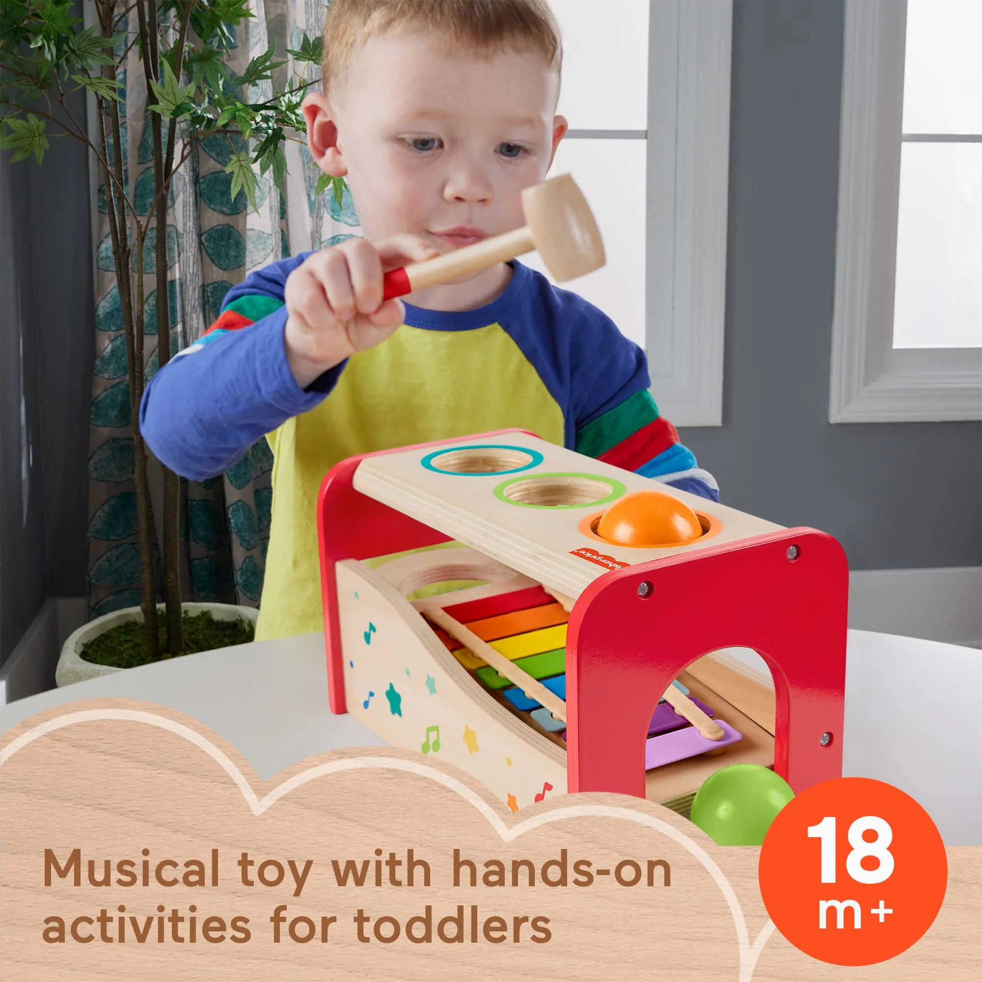 Fisher-Price Wood Toddler Toy Pound & Tap Bench Xylophone, 6-Piece Wooden Musical Activity For Preschool Kids Ages 18+ Months - Image 2