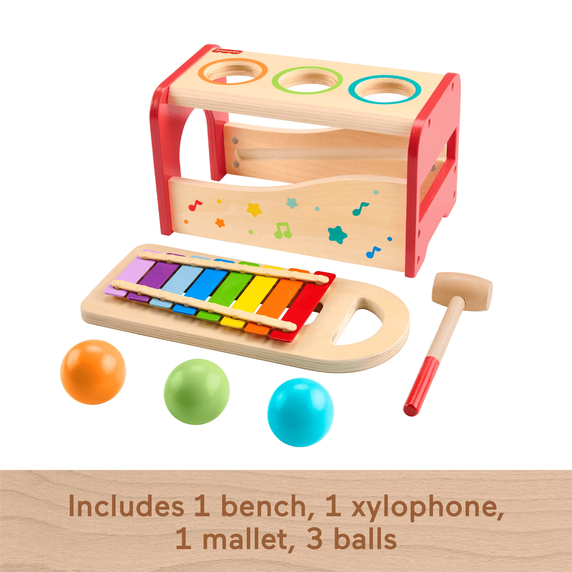 Fisher-Price Wood Toddler Toy Pound & Tap Bench Xylophone, 6-Piece Wooden Musical Activity For Preschool Kids Ages 18+ Months - Image 5