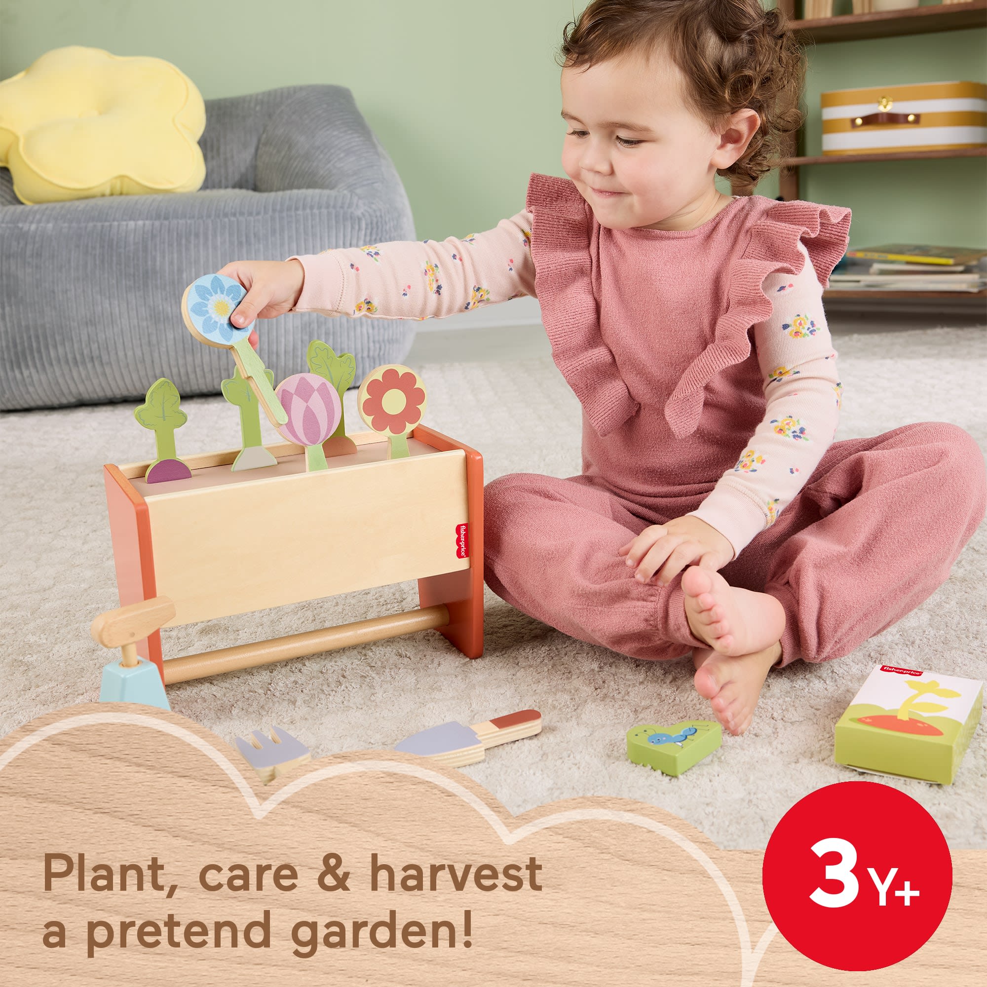 Fisher-Price Tiny Garden Wooden Garden Caddy Pretend Play Set With Tools For Kids, 12 Wood Pieces - Image 2