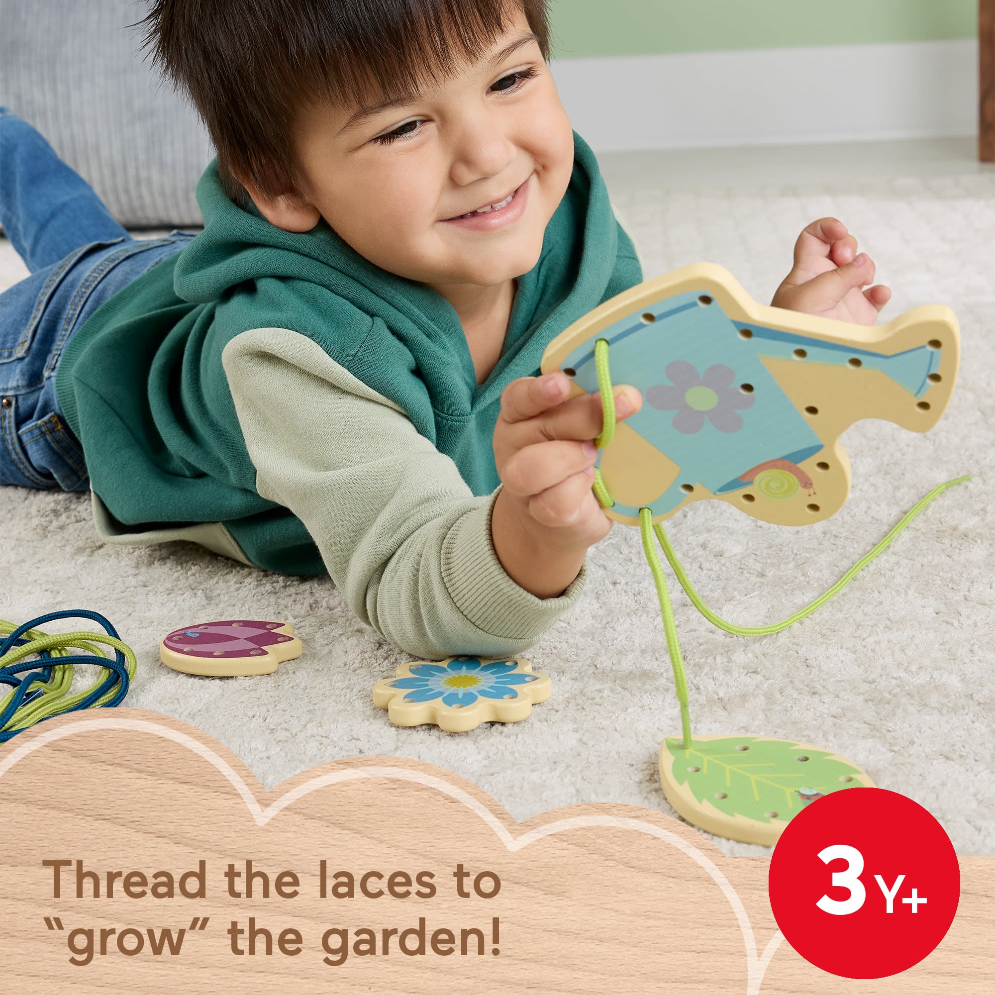 Fisher-Price Tiny Garden Wooden Lacing Activity Toy For Kids, 5 Wood Cards & 5 Laces - Image 2