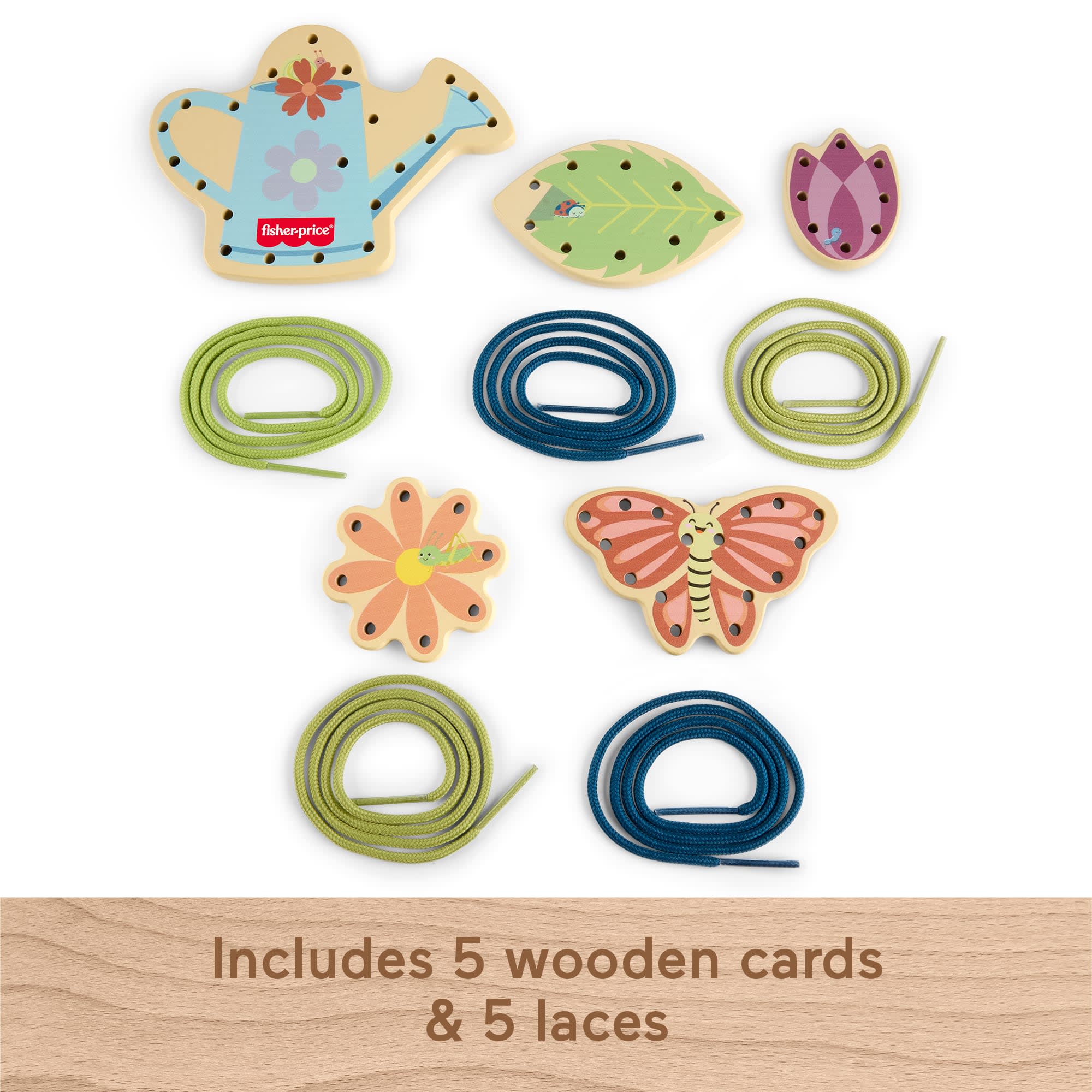 Fisher-Price Tiny Garden Wooden Lacing Activity Toy For Kids, 5 Wood Cards & 5 Laces - Image 5