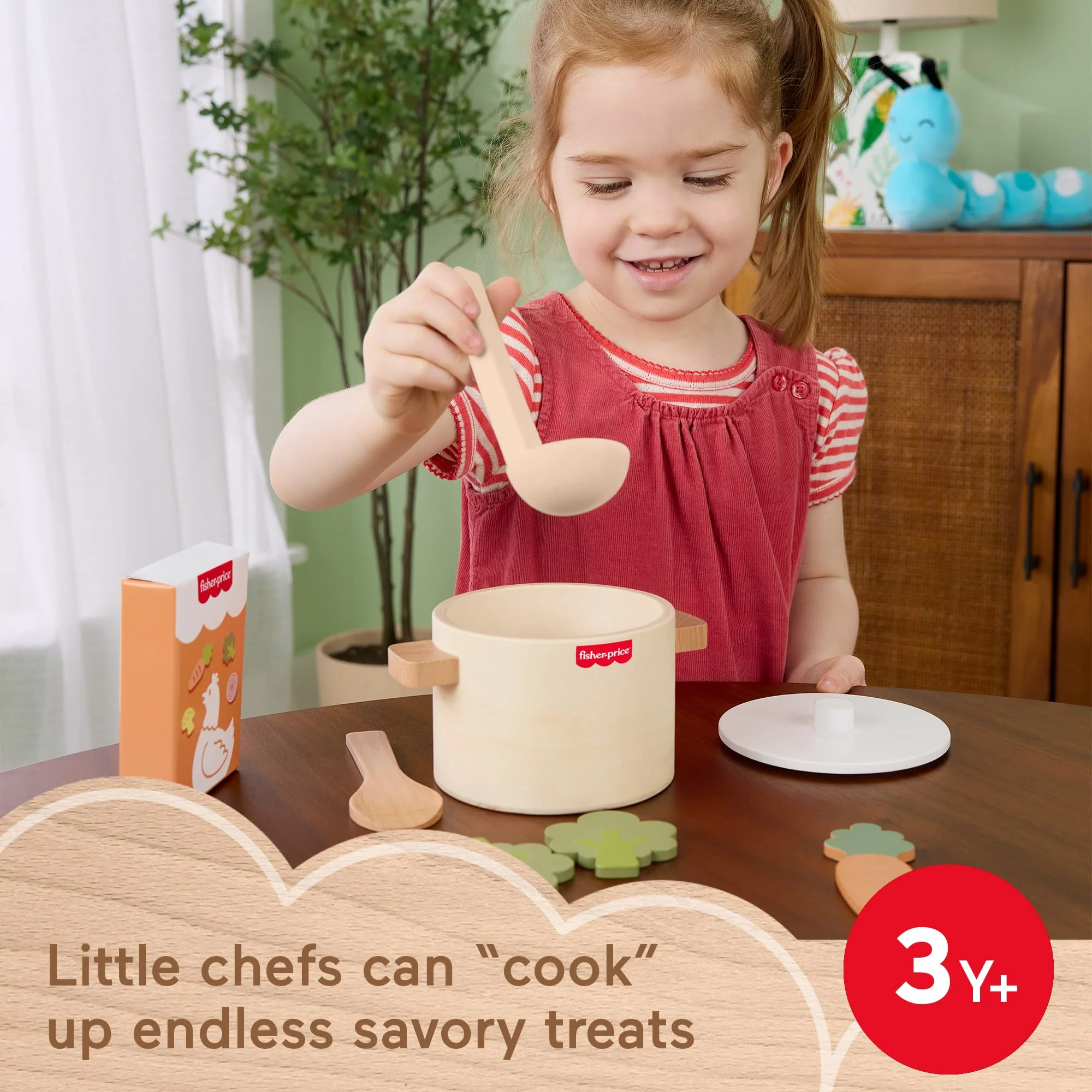 Fisher-Price Tiny Garden Wooden Veggie Soup Pretend Kitchen Play Set For Kids, 16 Wood Pieces - Image 2