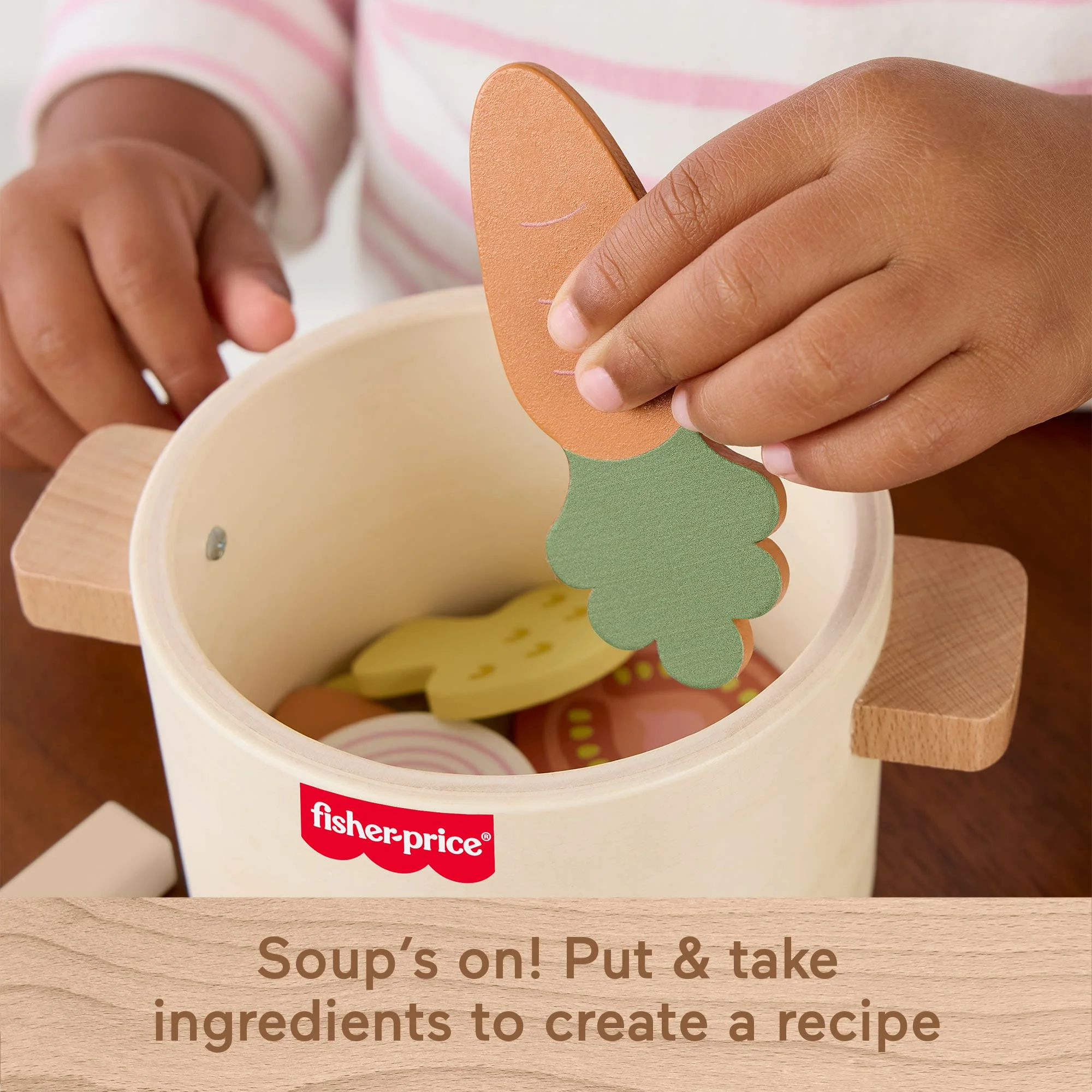 Fisher-Price Tiny Garden Wooden Veggie Soup Pretend Kitchen Play Set For Kids, 16 Wood Pieces - Image 4