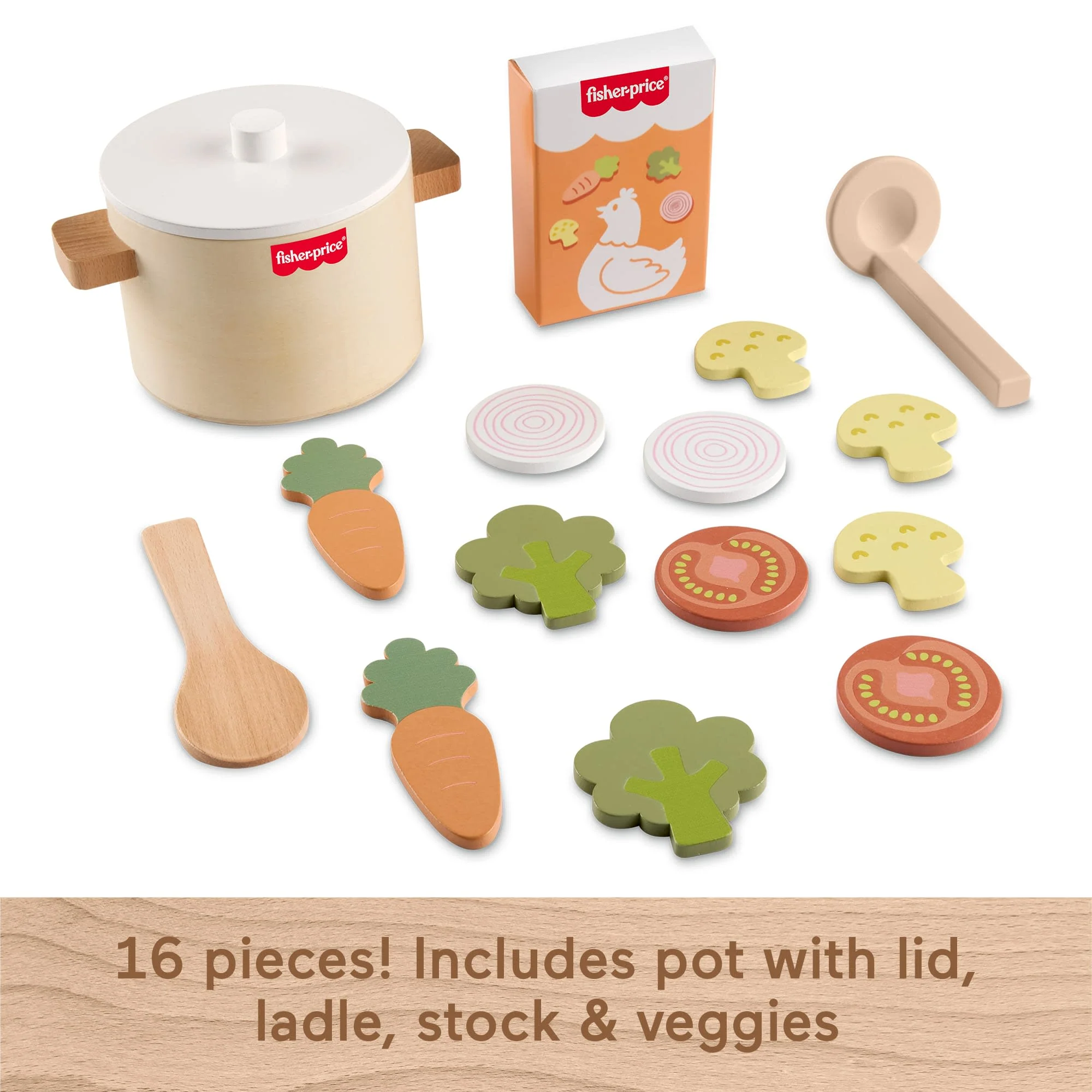Fisher-Price Tiny Garden Wooden Veggie Soup Pretend Kitchen Play Set For Kids, 16 Wood Pieces - Image 2