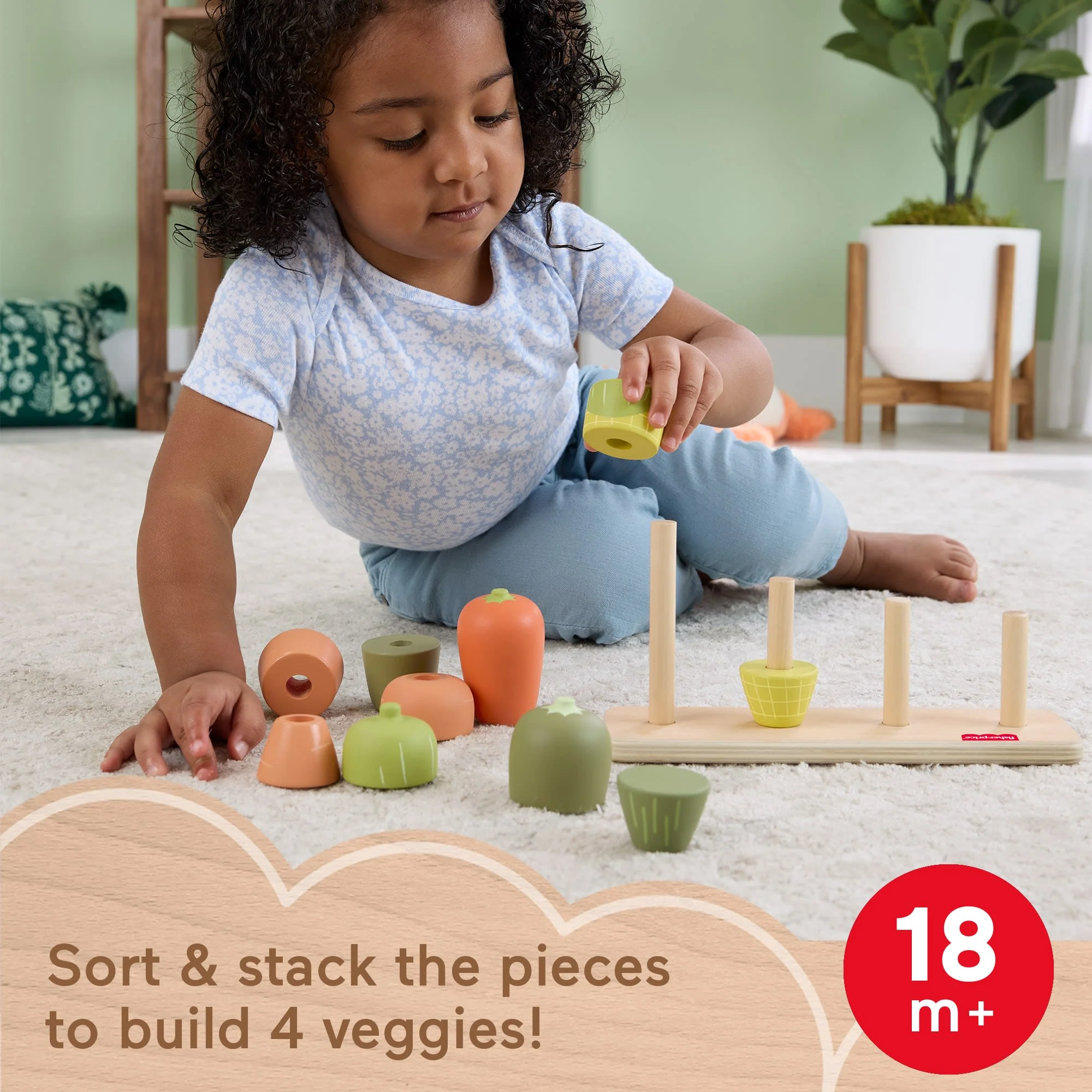 Fisher-Price Tiny Garden Wooden Veggie Stacker Toddler Activity Toy, 11 Wood Pieces - Image 2