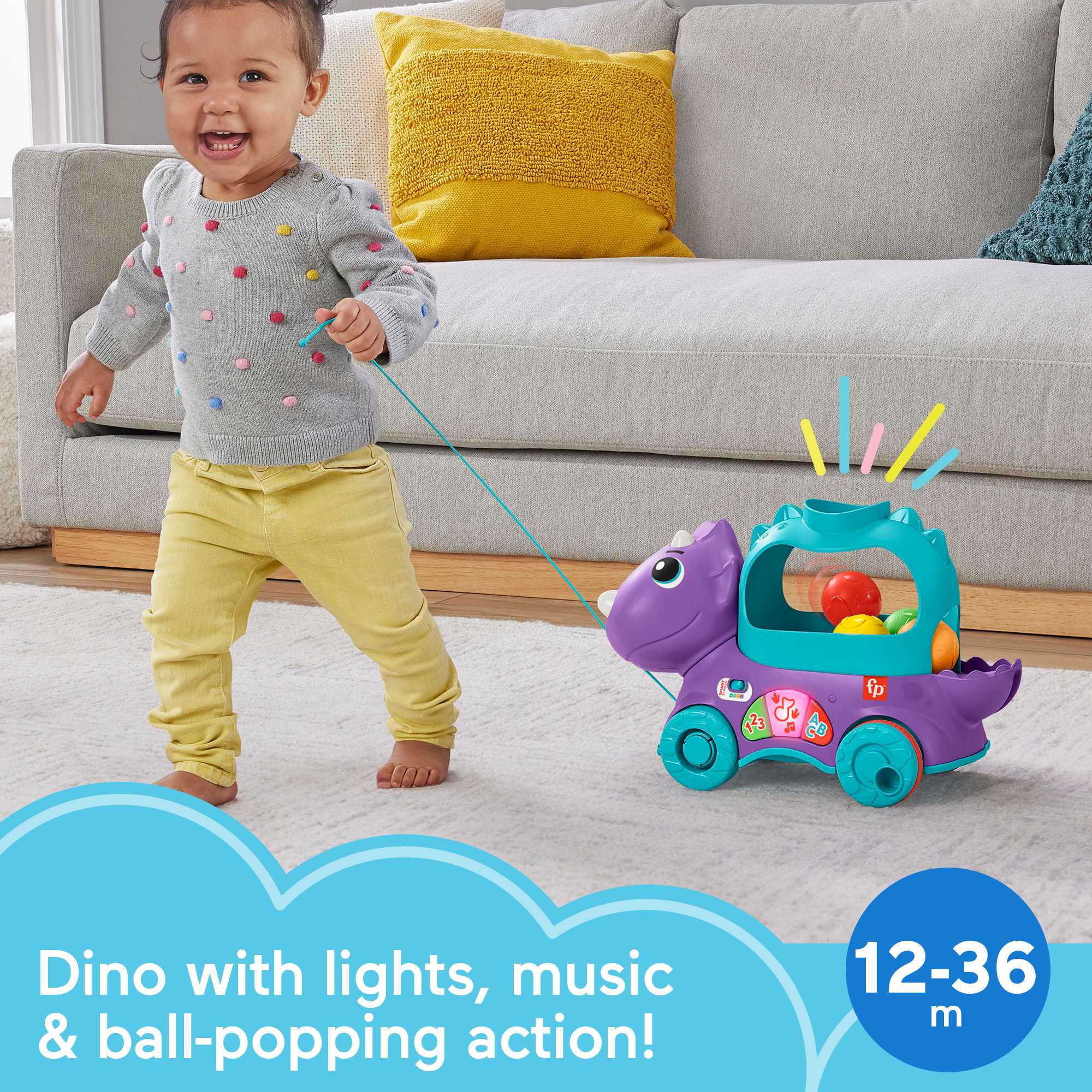 Fisher-Price Toddler Learning Toy, Dinosaur Pull Toy English & French Version, Poppin’ Triceratops - Image 2