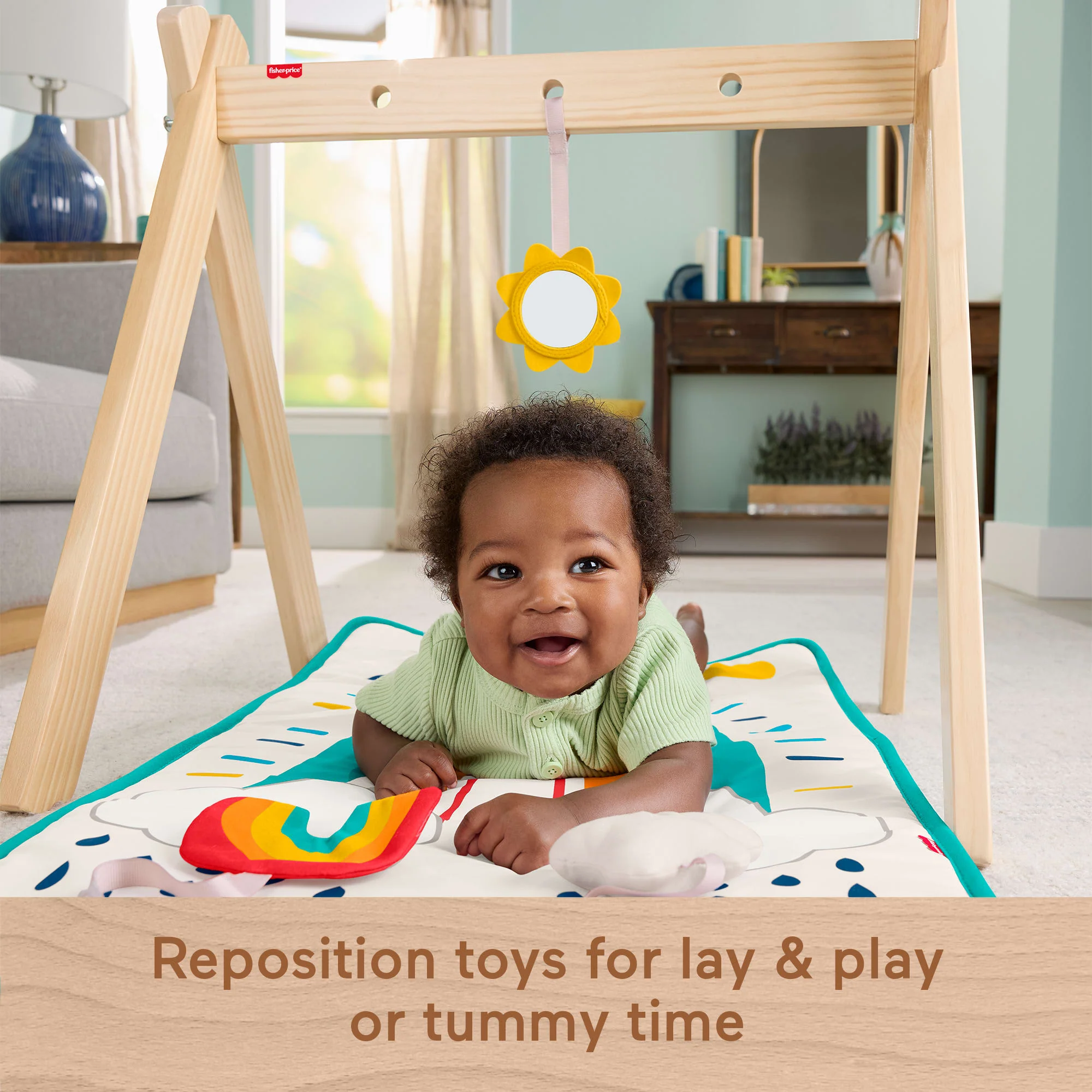 Fisher-Price Wooden Activity Gym, Wood Frame With 3 Sensory Toys & Mat For Newborn Babies - Image 4