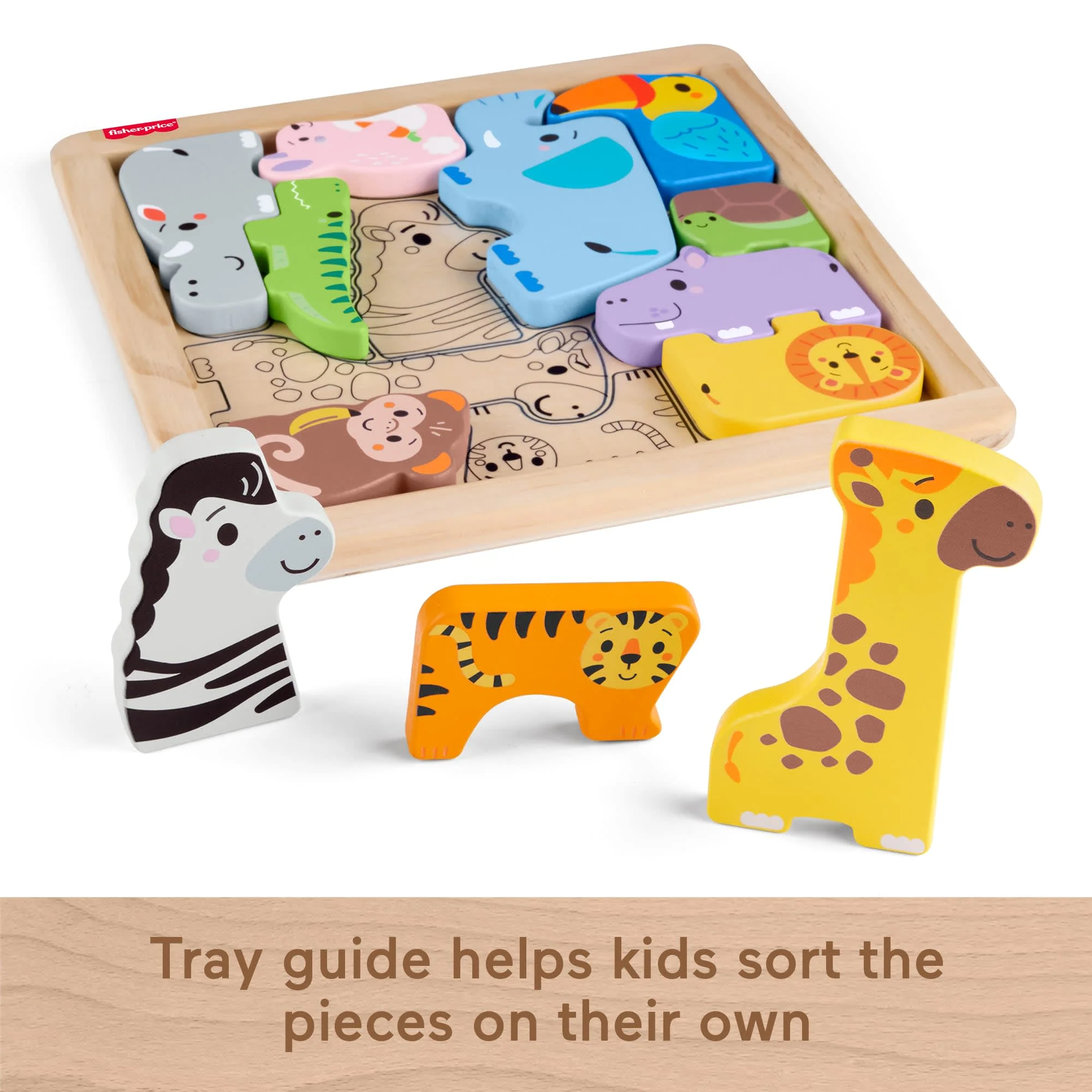 Fisher-Price Wooden Animal Puzzle, Shape-Sorting Activity For Kids, 12 Wood Blocks - Image 5