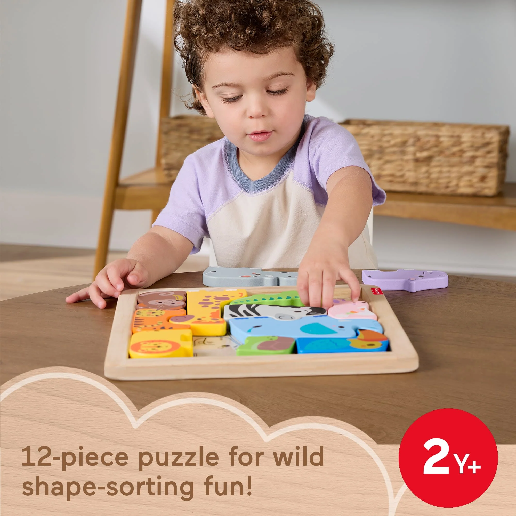 Fisher-Price Wooden Animal Puzzle, Shape-Sorting Activity For Kids, 13 Wood Pieces - Image 2
