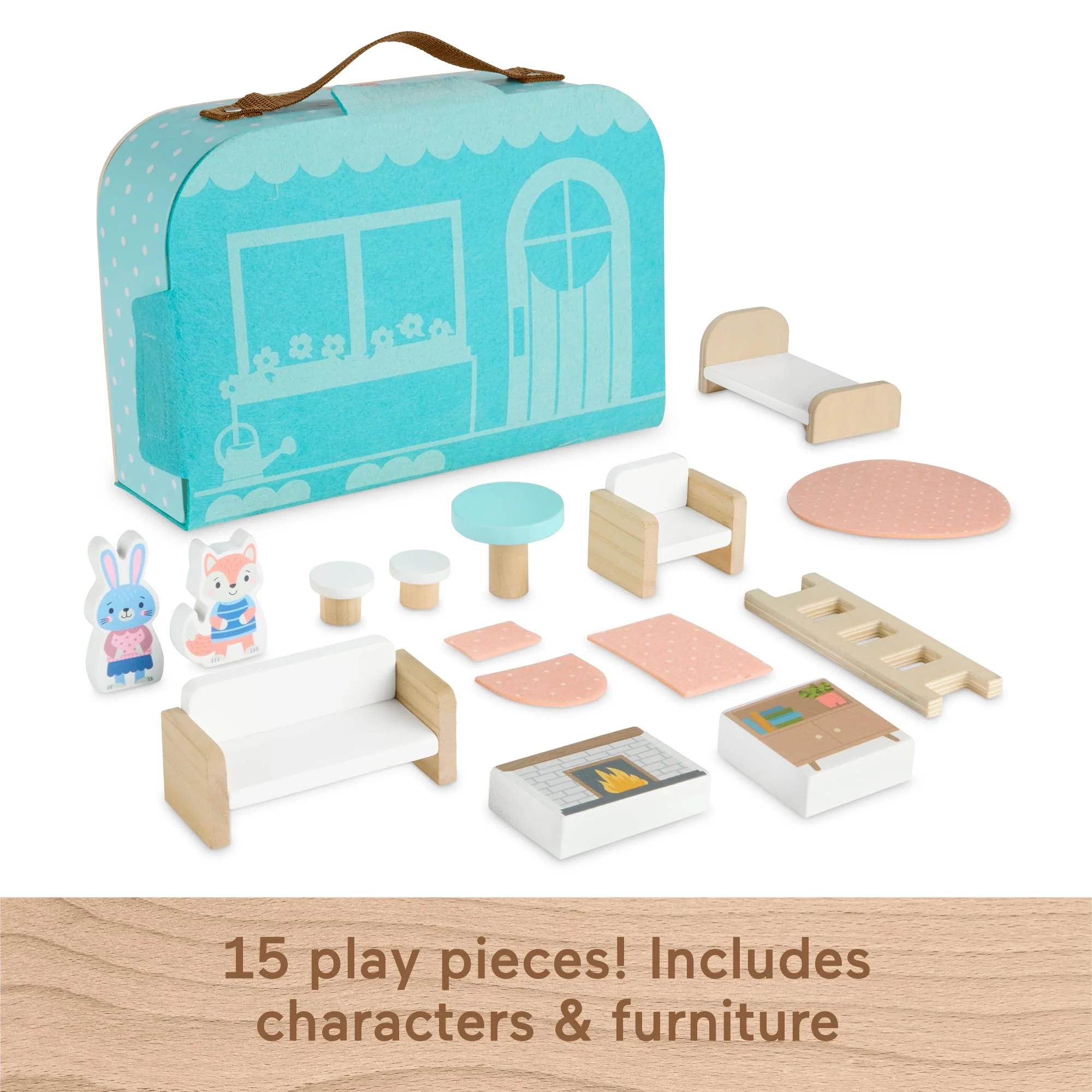 Fisher-Price Wooden Carry Along Dollhouse Portable Playset For Preschool Kids, 15 Pieces - Image 5