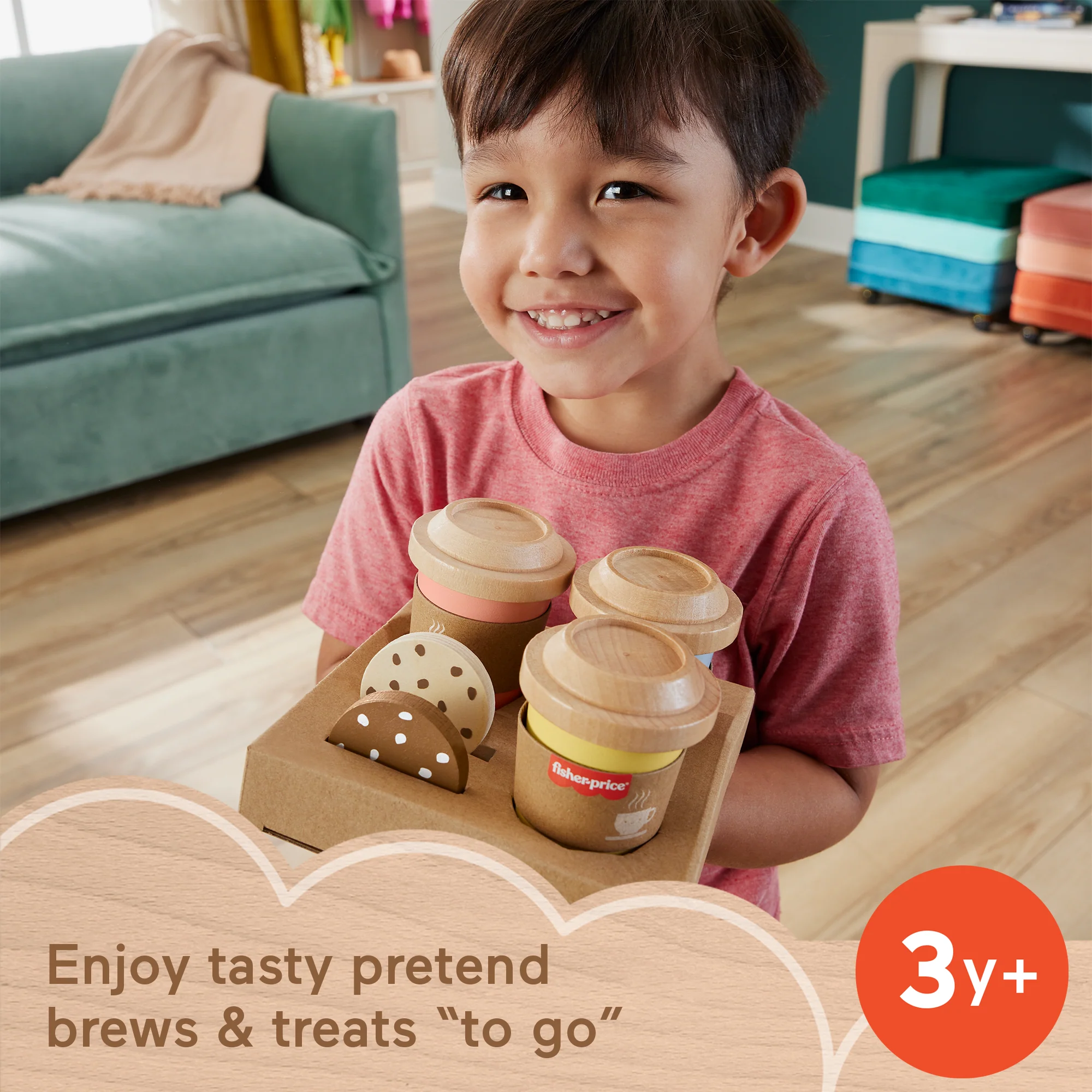 Fisher-Price Wooden Coffee To Go Set, 15-Piece Café Shop Playset Preschool Role-Play - Image 2