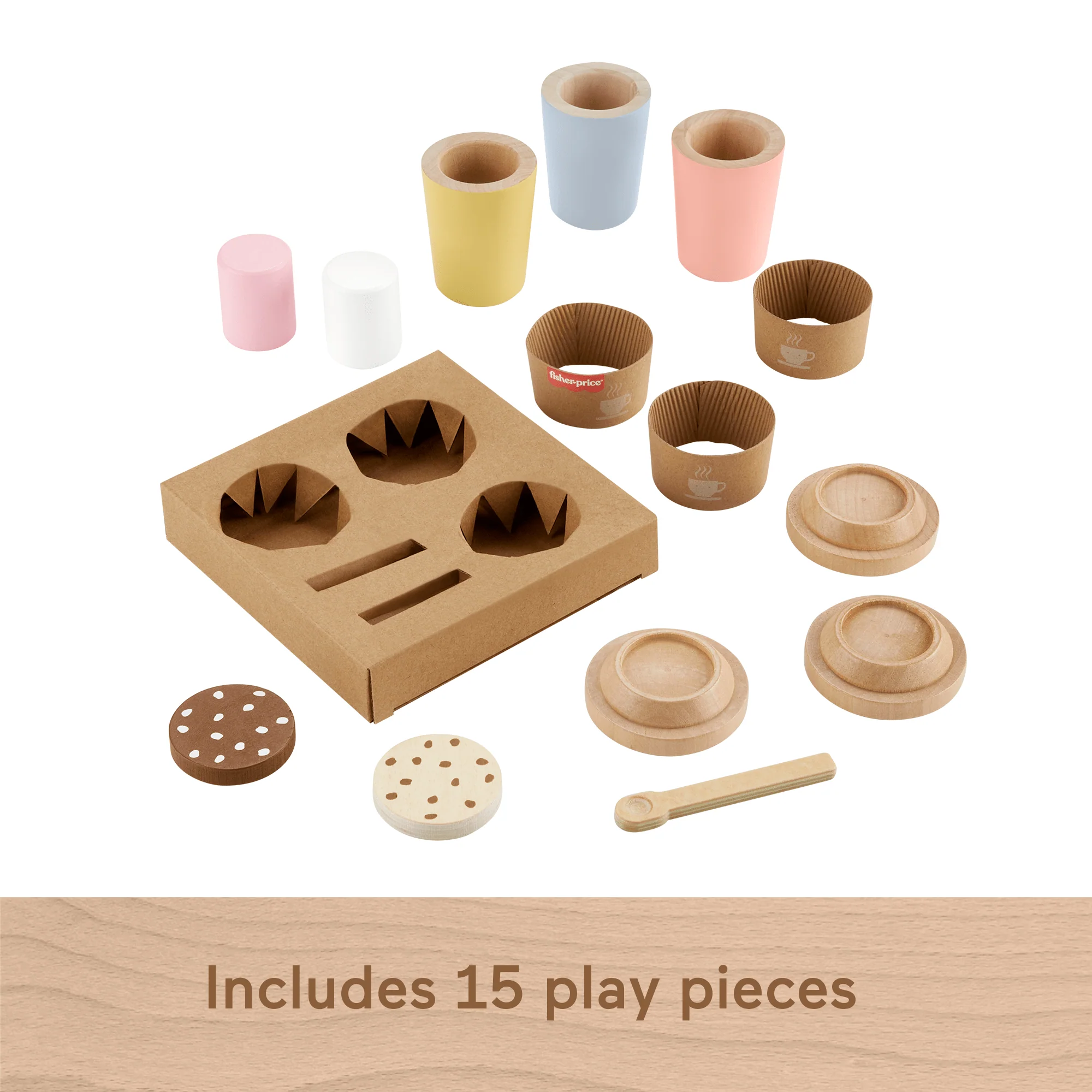 Fisher-Price Wooden Coffee To Go Set, 15-Piece Café Shop Playset Preschool Role-Play - Image 5