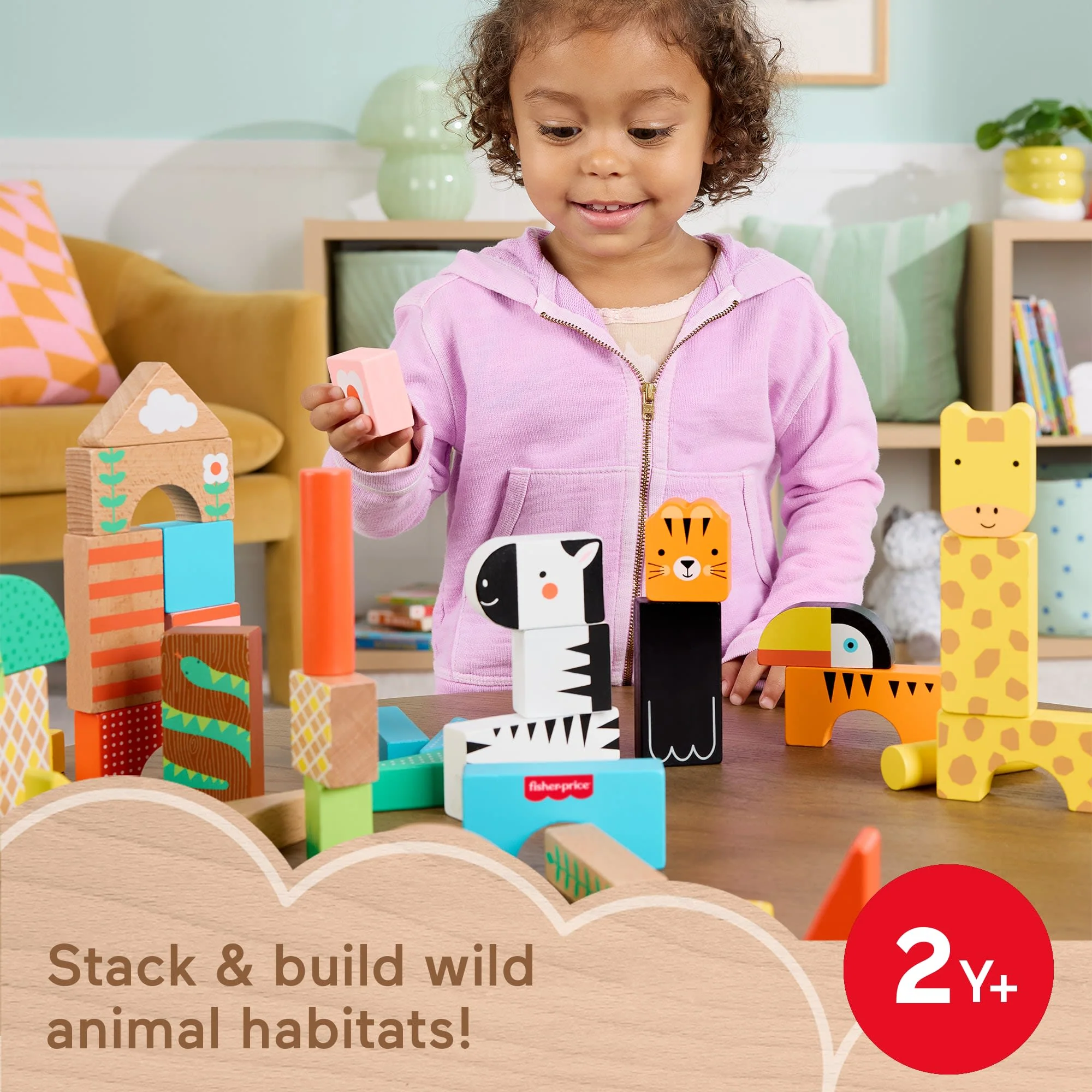 Fisher-Price Wooden Jungle Blocks, Animal-Themed Building Set For Toddlers, 50 Wood Pieces - Image 2