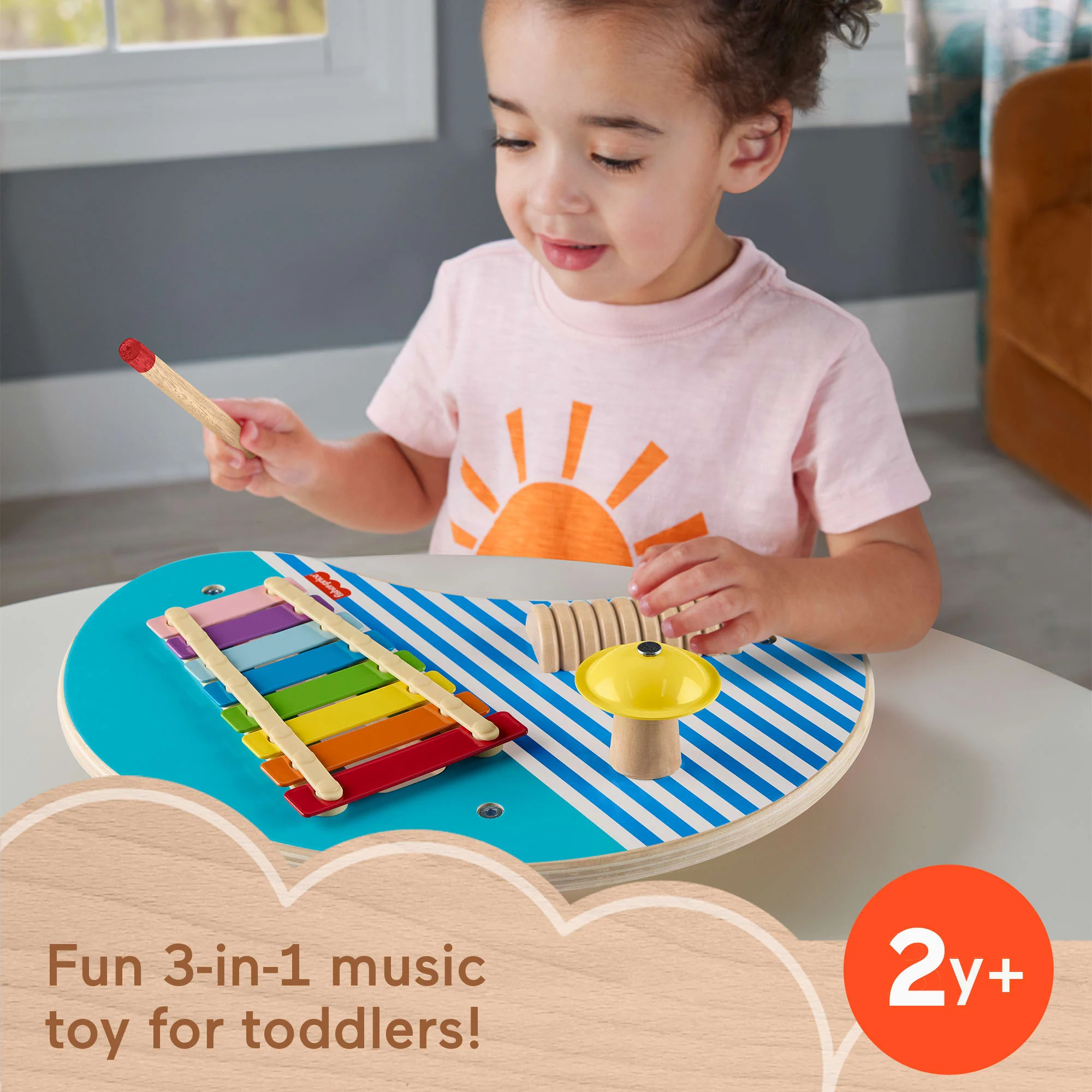 Fisher-Price Wooden Musical Table With Percussion Instrument Toys, 3 Wood Pieces - Image 2