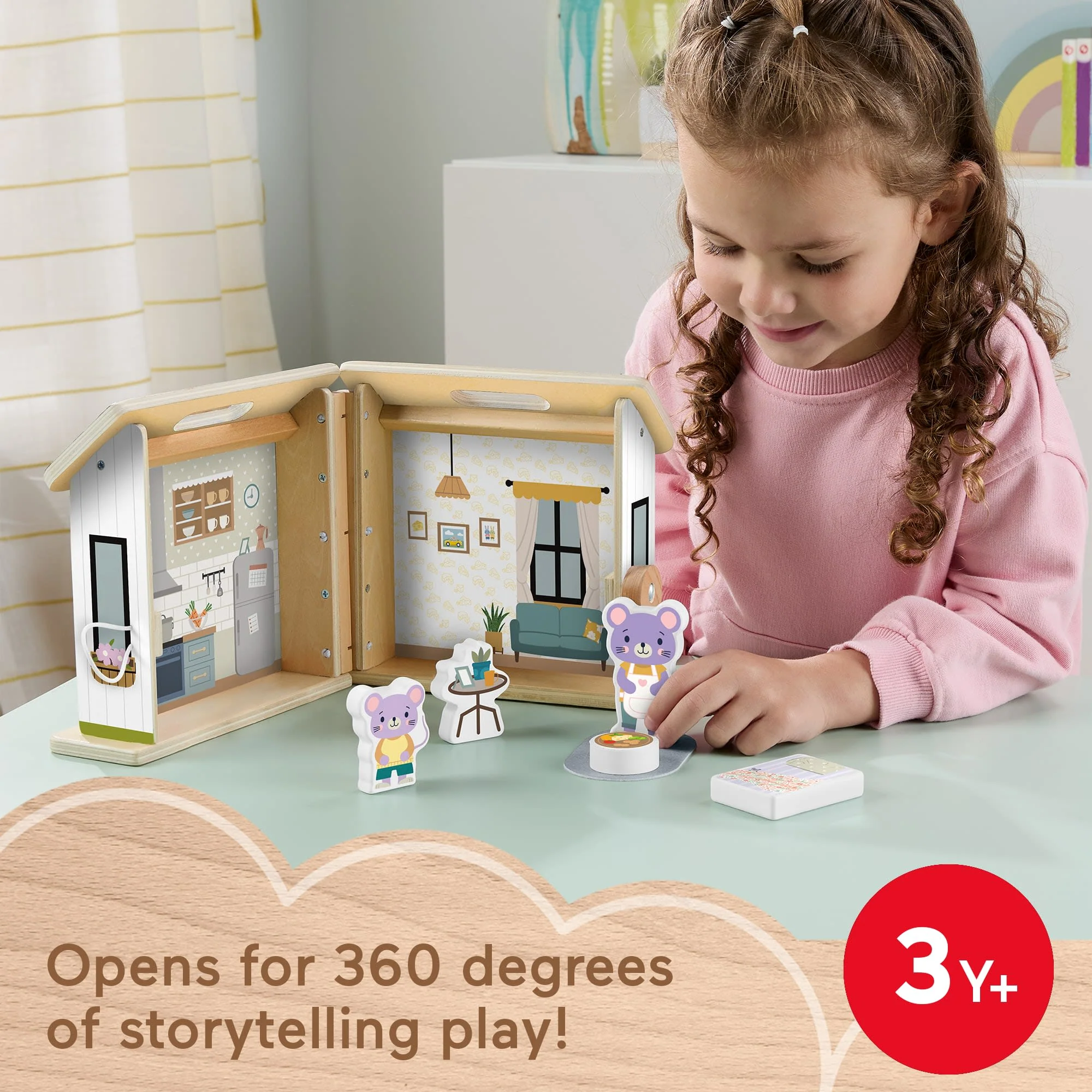 Fisher-Price Wooden On-The-Go Play House Dollhouse With 6 Play Pieces For Preschool Kids - Image 2