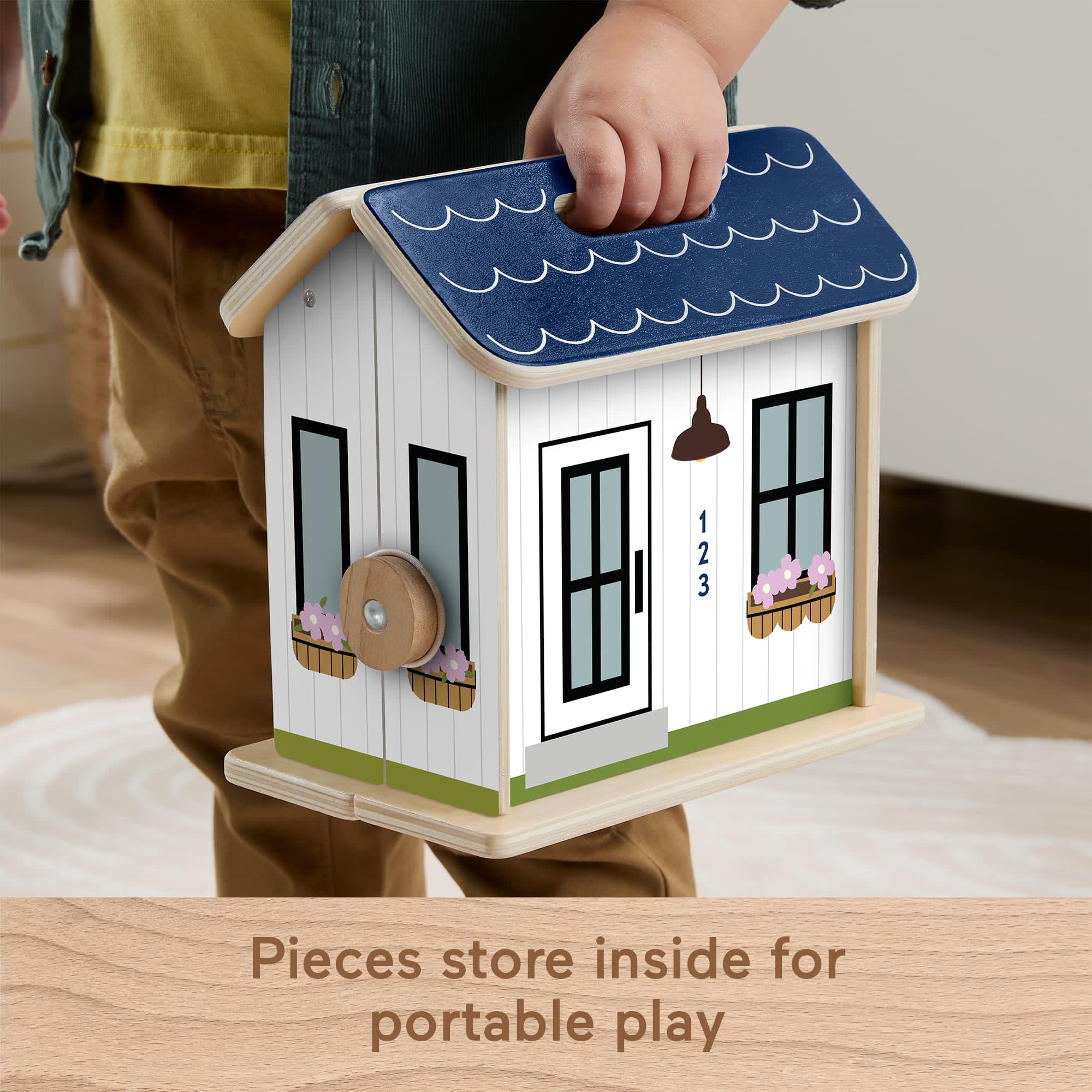 Fisher-Price Wooden On-The-Go Play House Dollhouse With 6 Play Pieces For Preschool Kids - Image 4