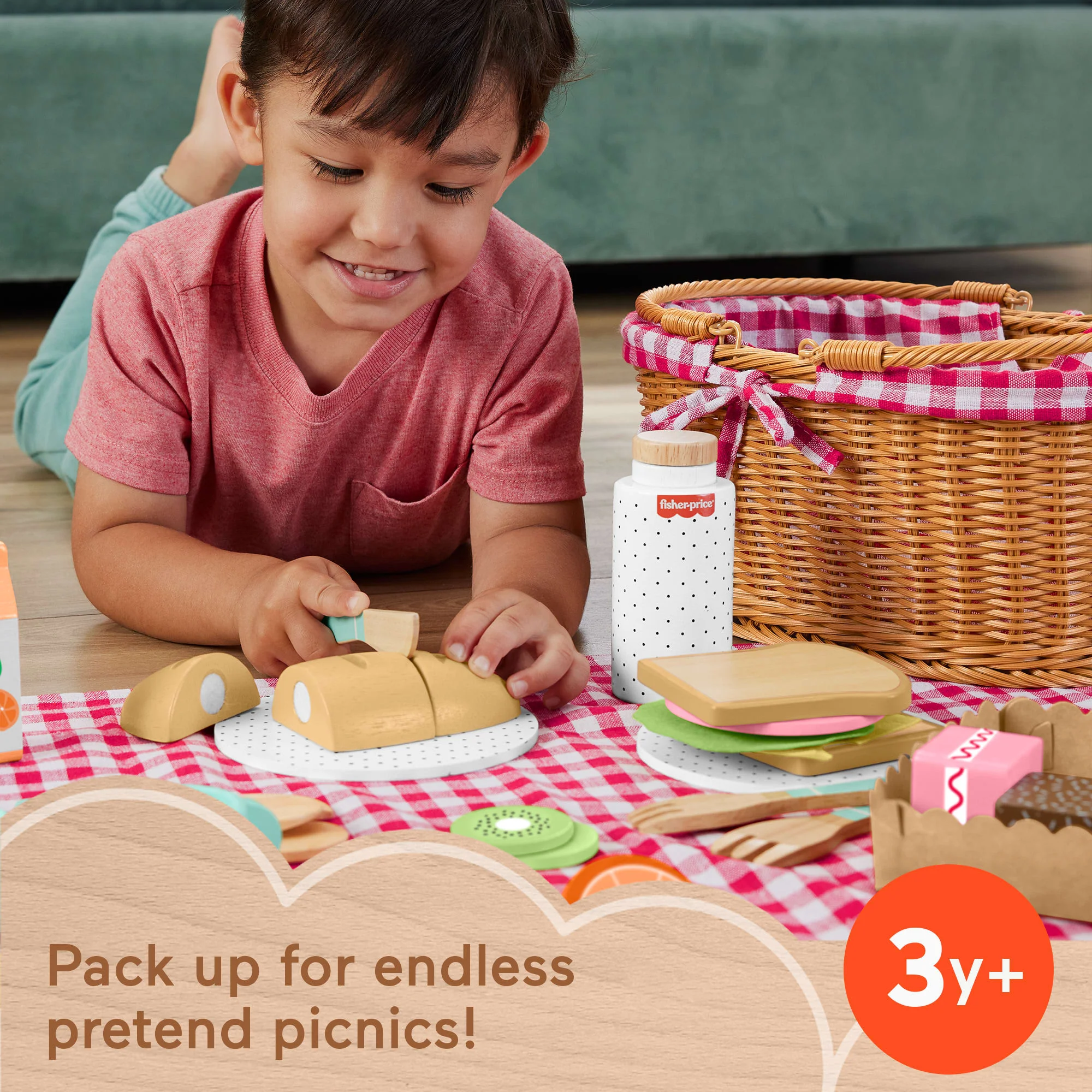 Fisher-Price Wooden Picnic Basket & Food Pretend Play Set For Preschool Kids, 31 Wood Pieces - Image 2